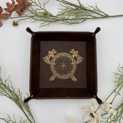 Brown Leather DnD Dice Tray - Runic Viking Engraving