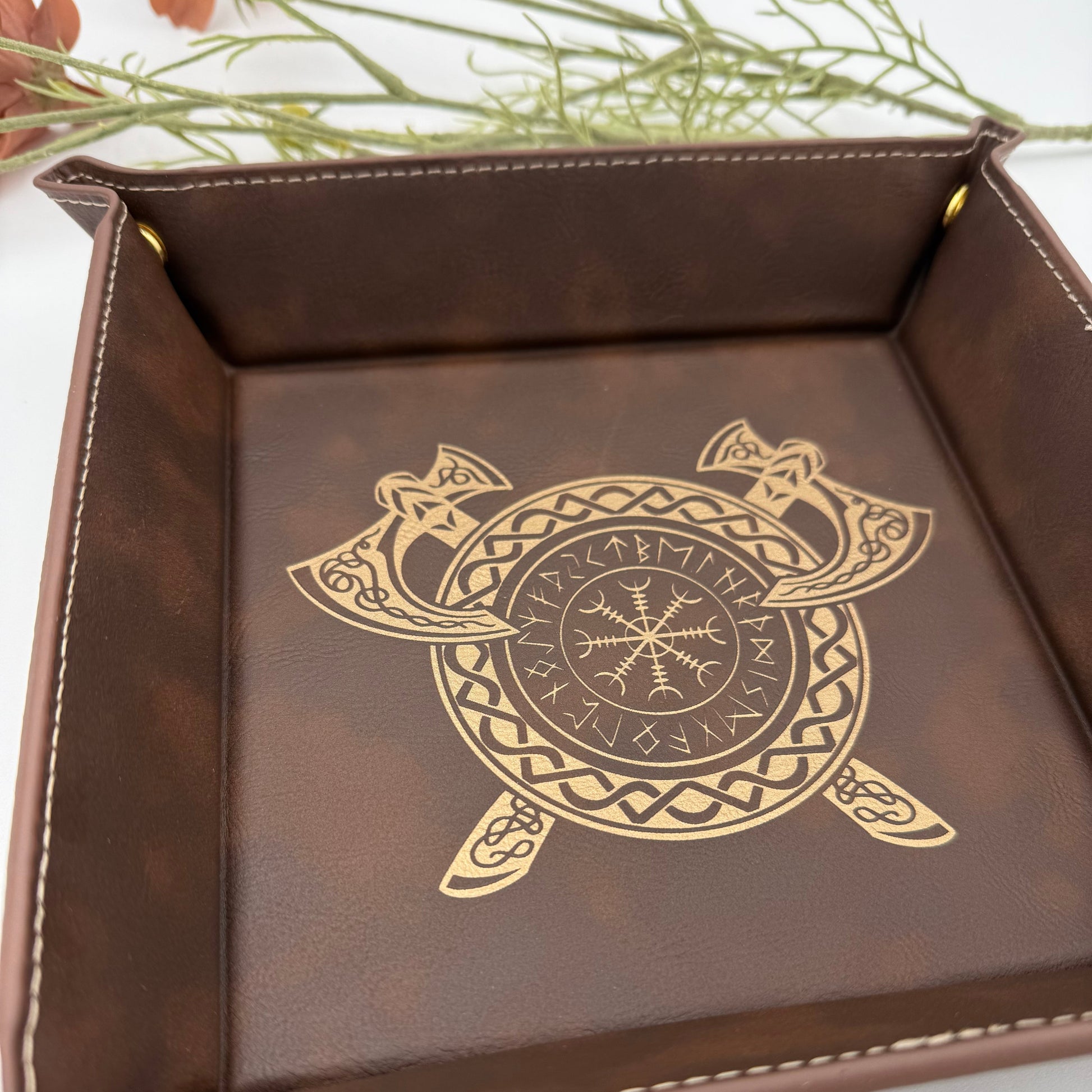 Brown Leather DnD Dice Tray - Runic Viking Engraving Close Up Shot