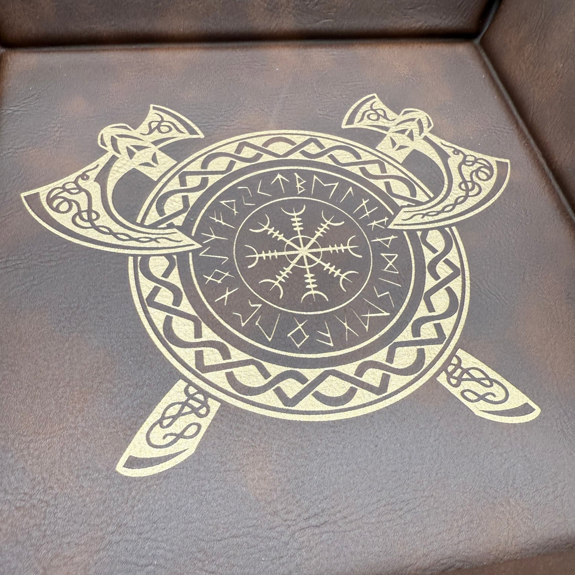 Close up of the Runic Crossed Axes Viking Engraving on Brown Leather DnD Dice Rolling Tray
