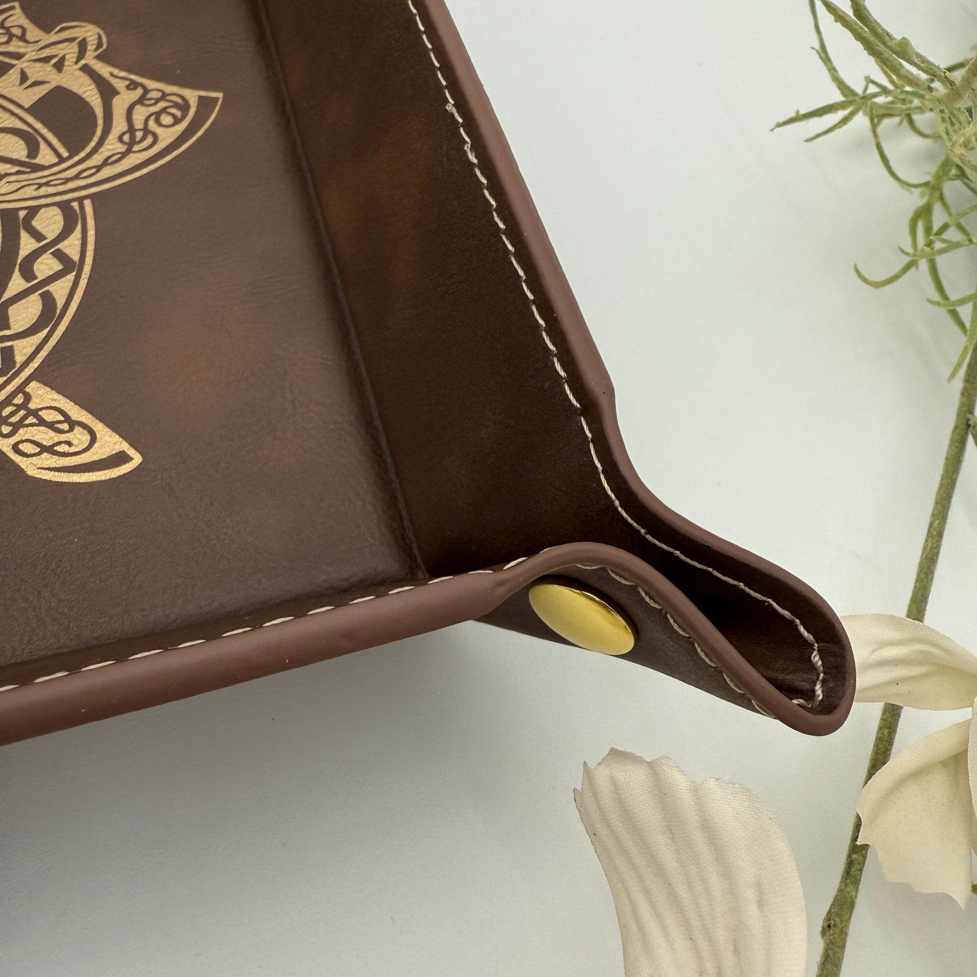 Brown Leather DnD Dice Tray with Gold Snaps