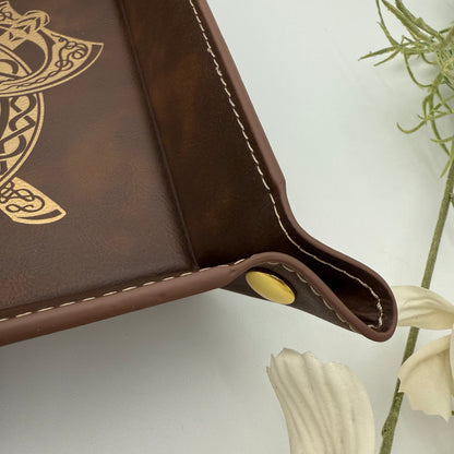 Brown Leather DnD Dice Tray with Gold Snaps
