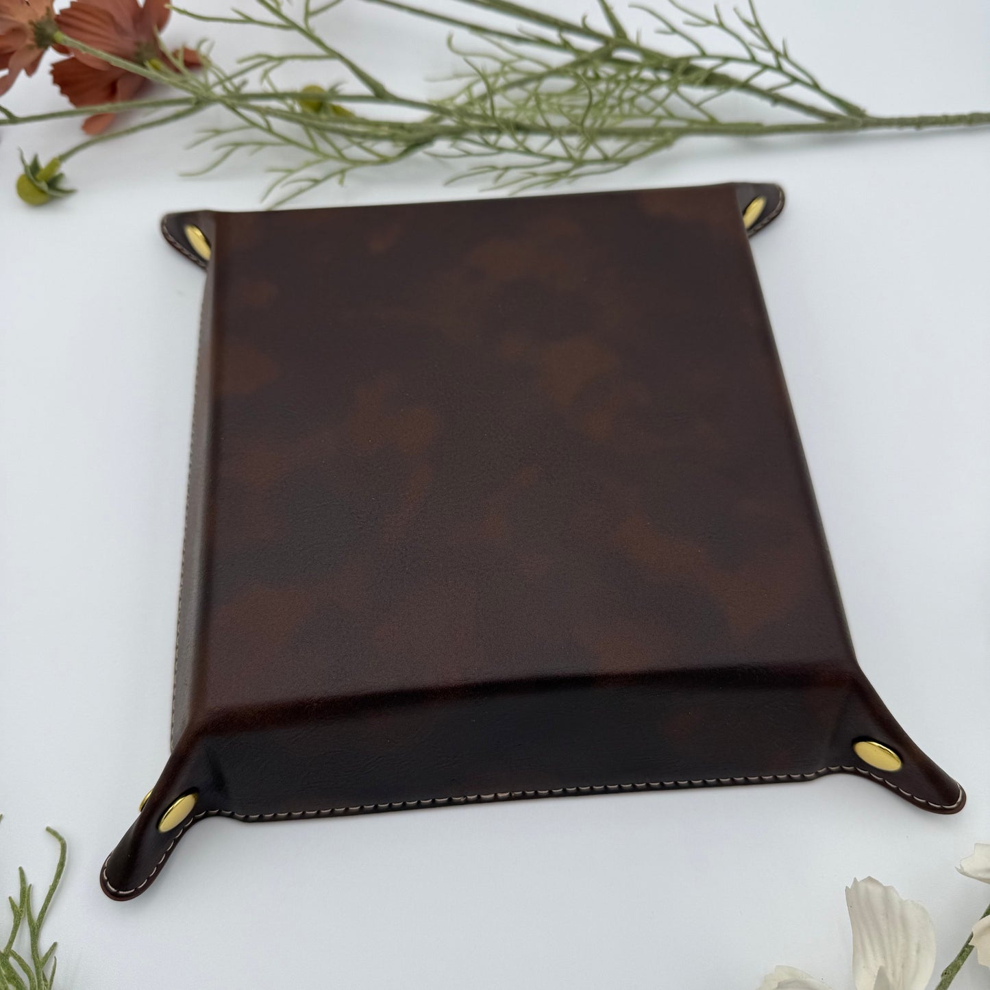 Brown Leather DnD Dice Tray with gold snap on white background bottom picture