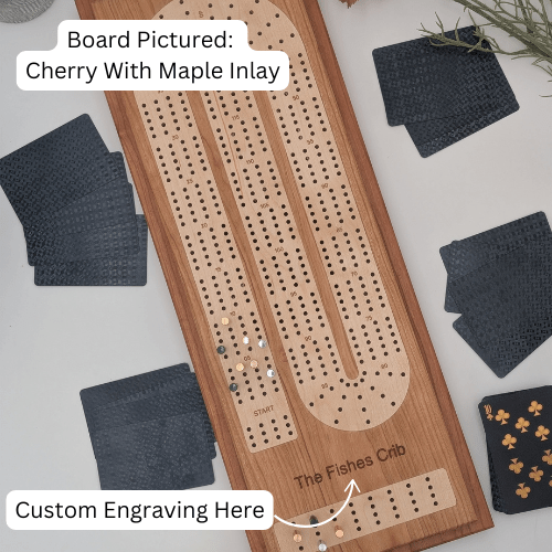 Four Lane Cribbage Board with Wooden Inlay and Card Storage