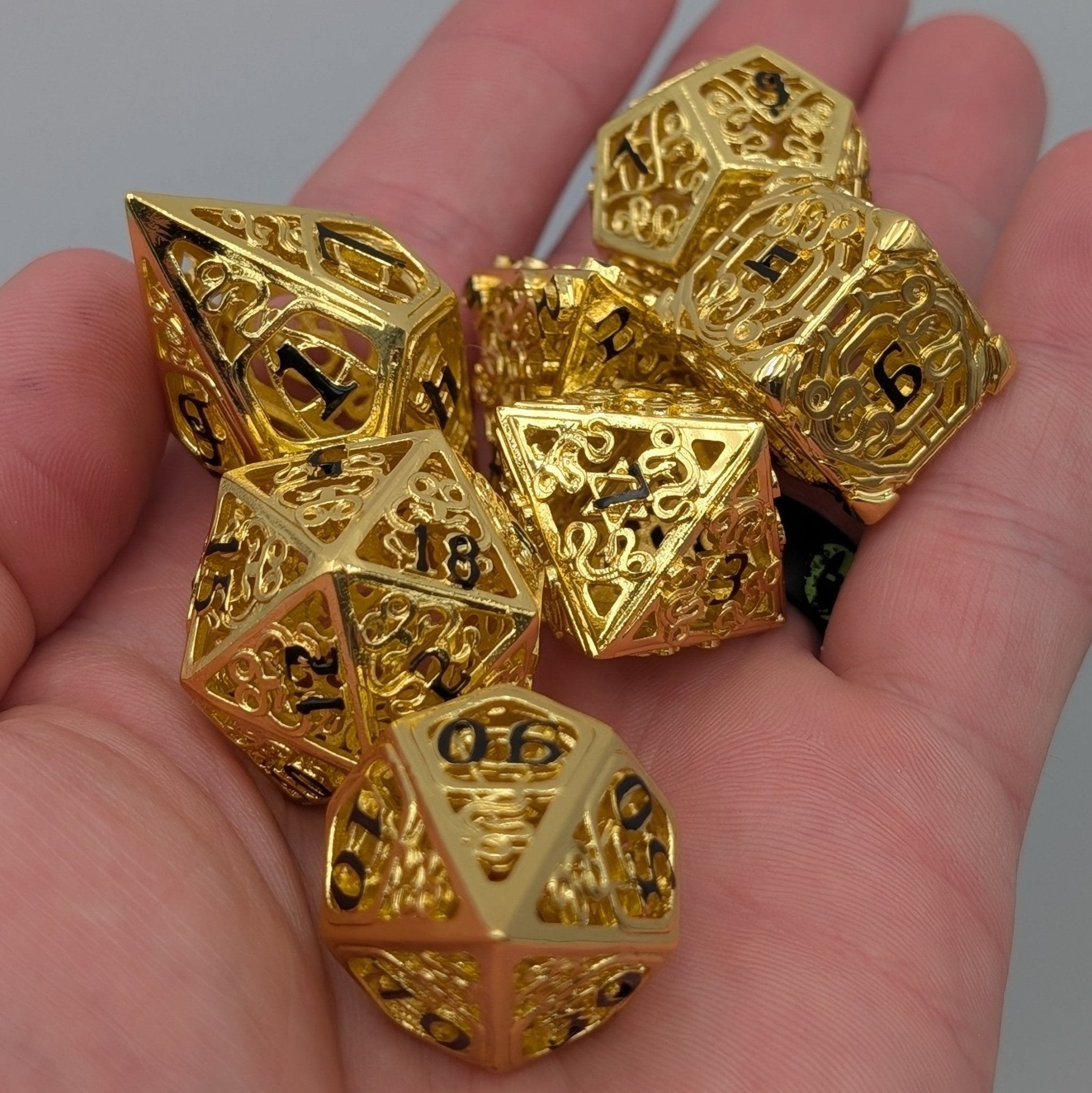 7 Piece Metal Polyhedral Dice Set with Gold Finish and Black Ink for Dungoens and Dragons