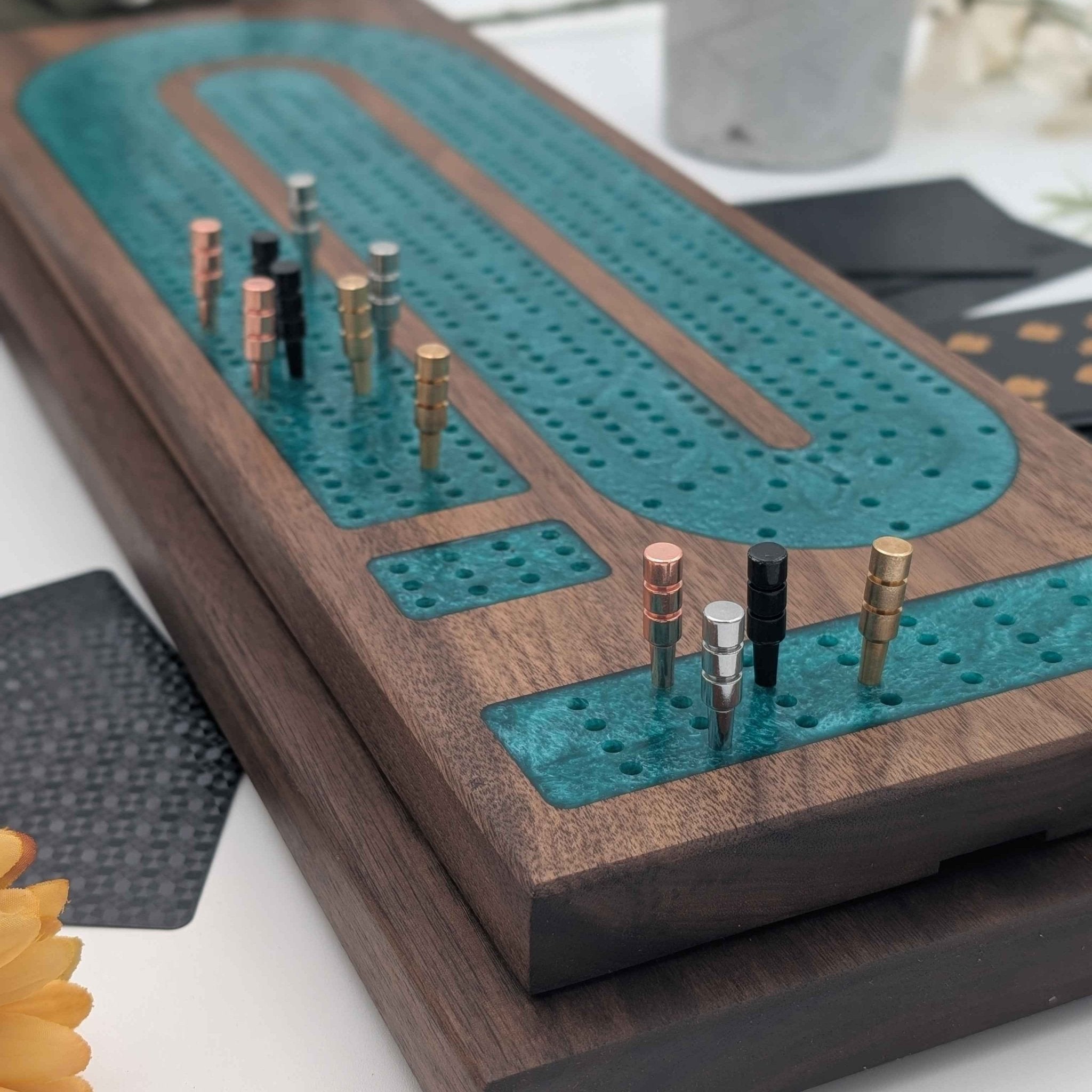 emerald resin inlay cribbage board handmade