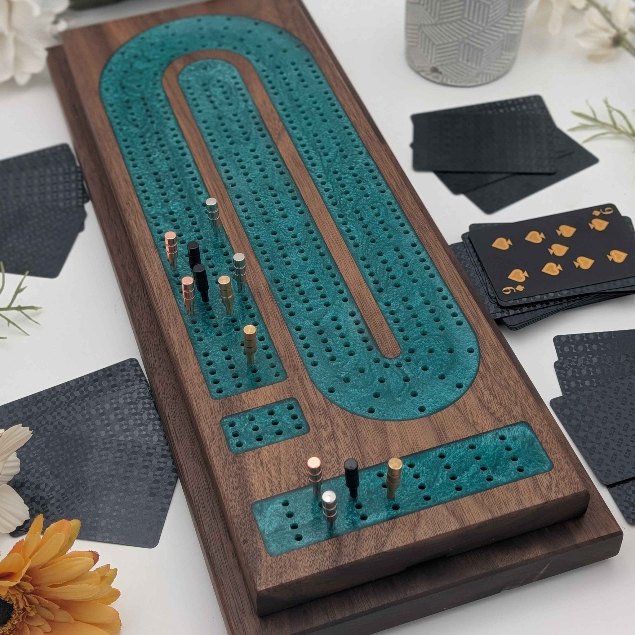 stacking cribbage board emerald resin inlay four lane