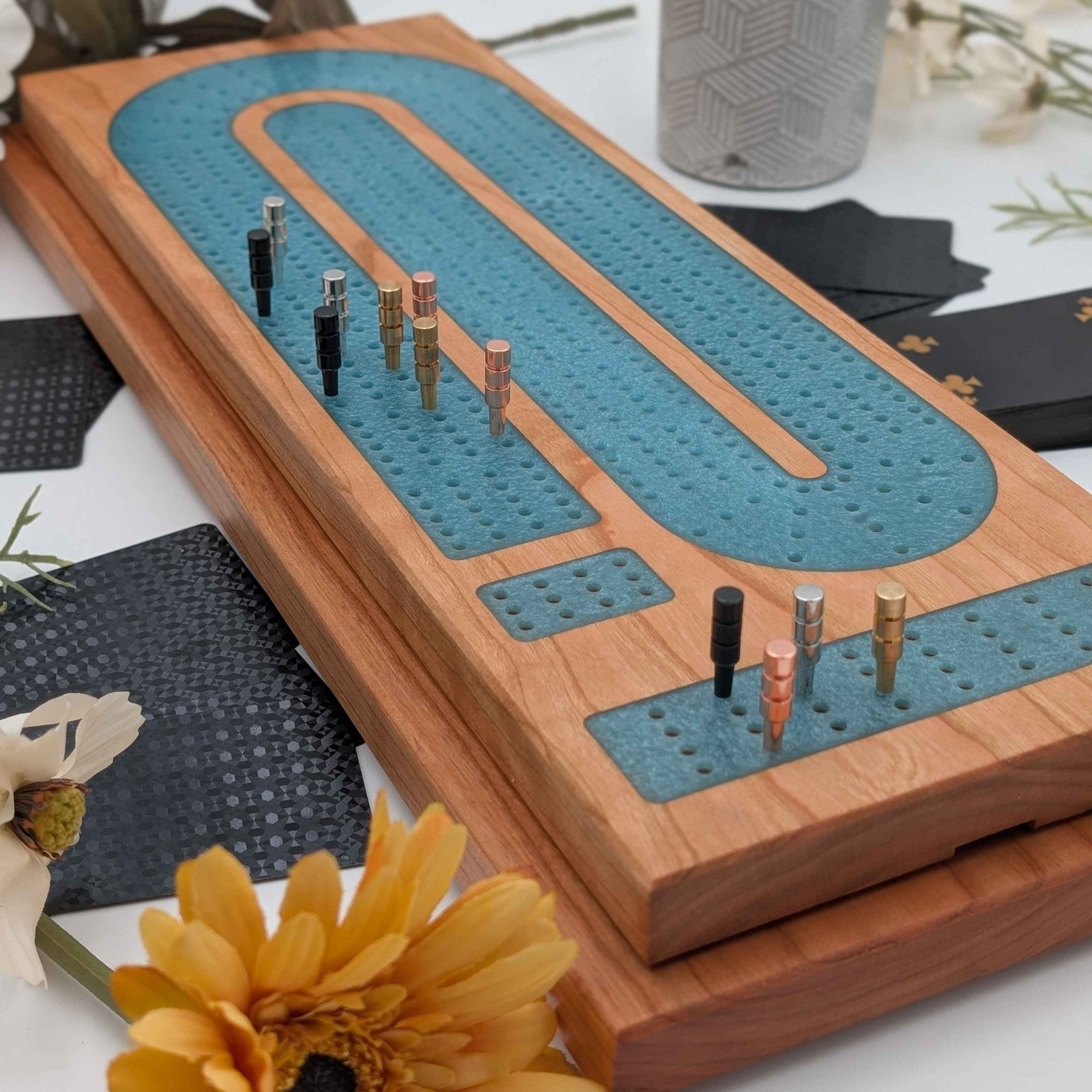 Four Lane Cribbage Board - Glacier Inlay with Card Storage
