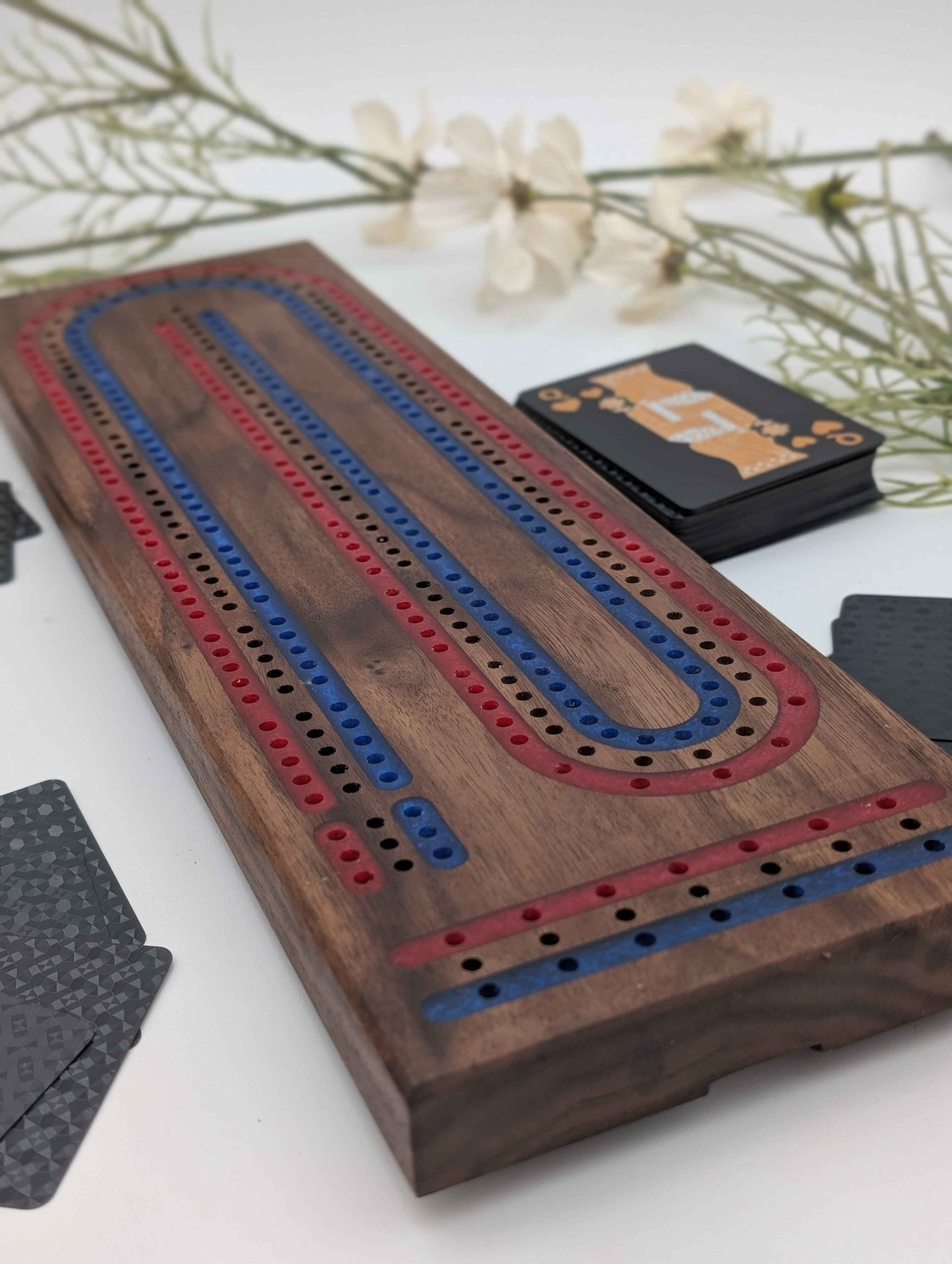 Premium Cribbage Board - Multi Lane Scarlet Red and Navy Blue Inlay