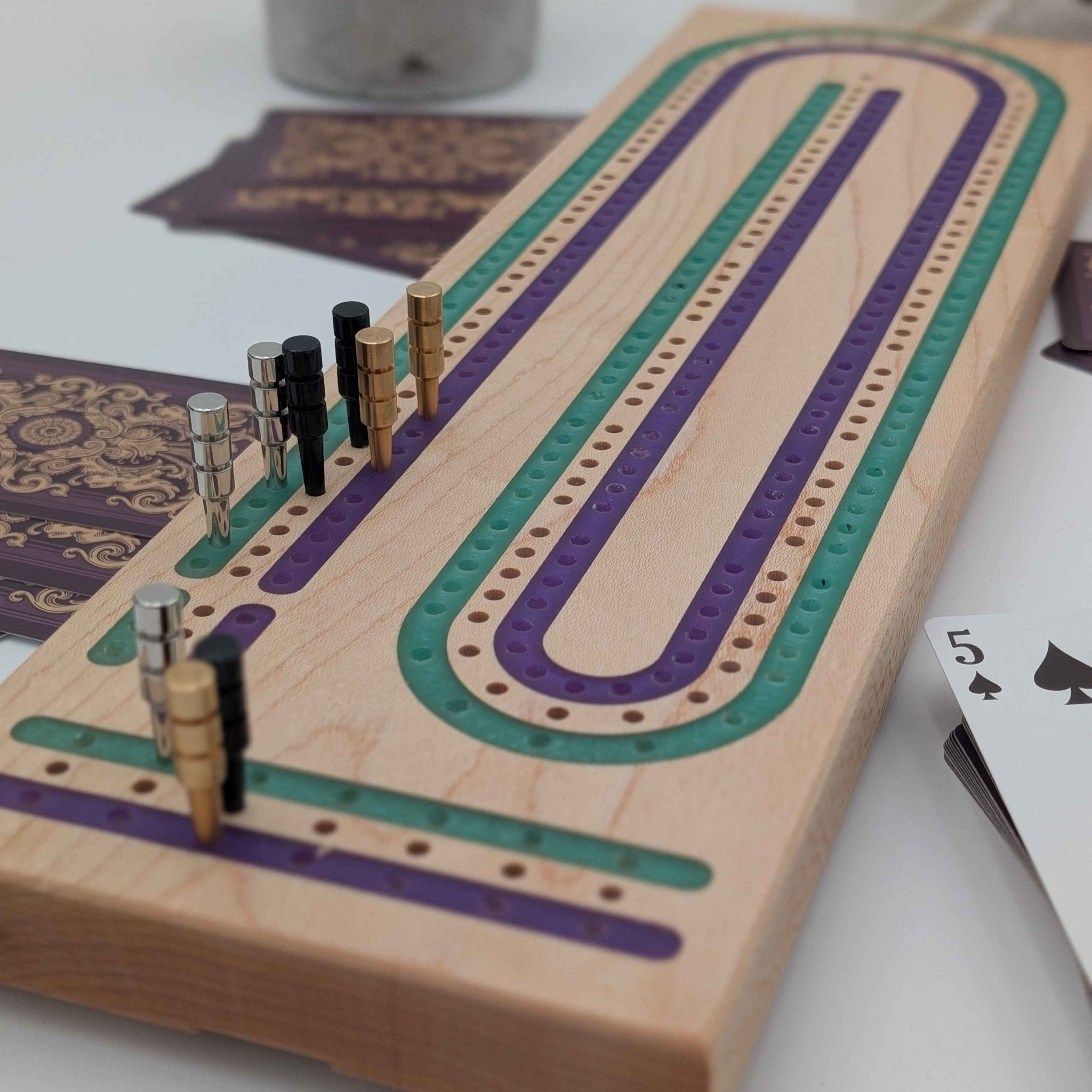 Maple 3 Track Cribbage Board with Purple and Green Inlay