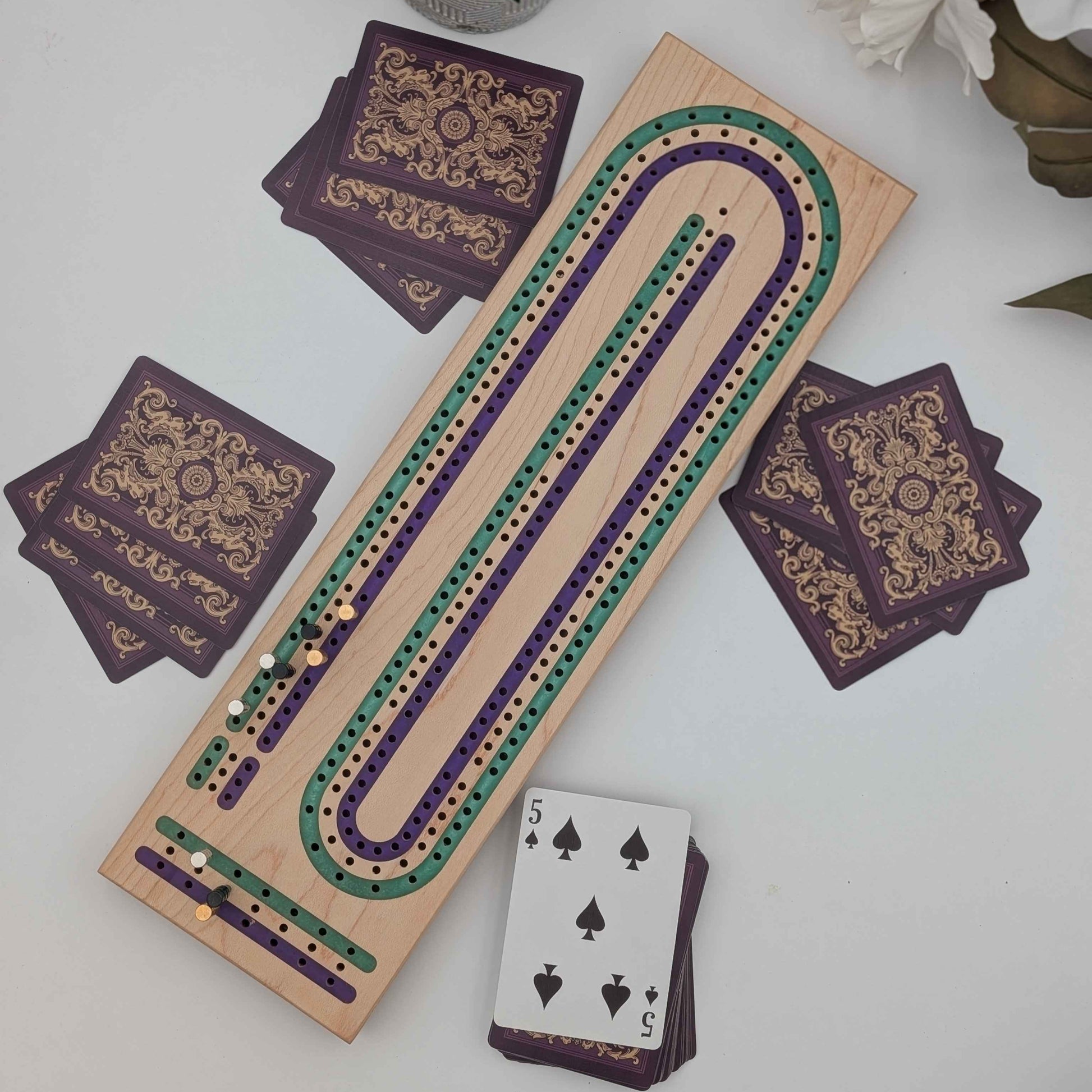 Handmade Maple Wood Cribbage Board with Purple and Green Resin Inlay with Playing Cards