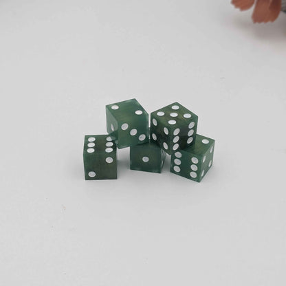 Handmade Green Sharp Edge Dice Set with White Pips on White Background for bar games and tabletop games.