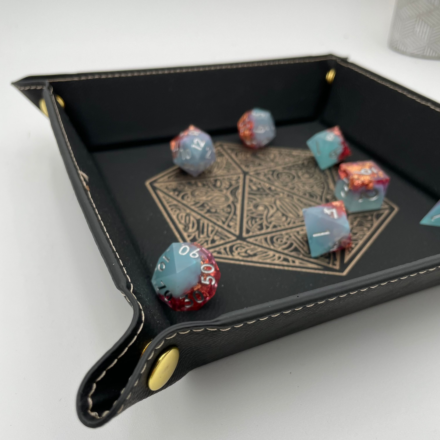 Gilded D20 Dice Tray - Vegan Leather DnD Dice Rolling Tray