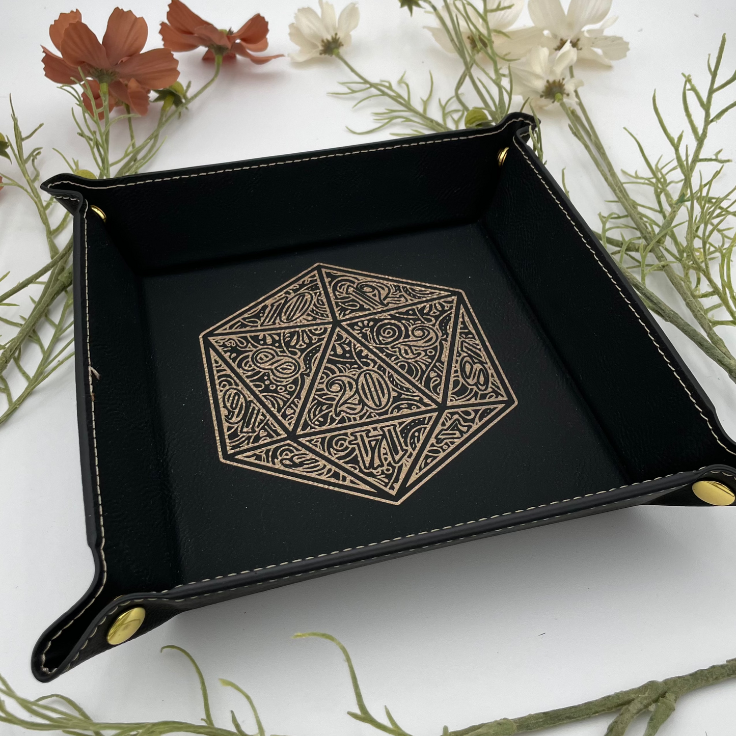 Gilded D20 Dice Tray - Vegan Leather DnD Dice Rolling Tray