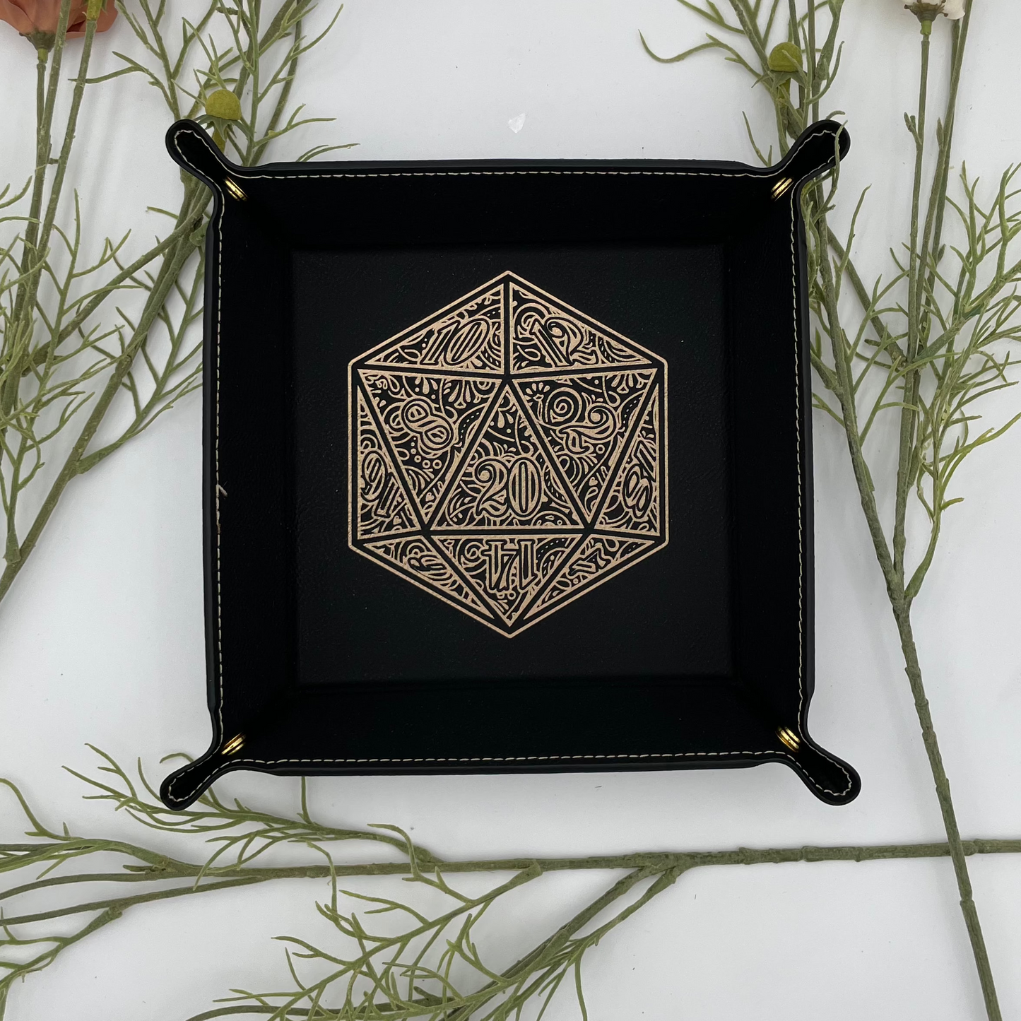 Gilded D20 Dice Tray - Vegan Leather DnD Dice Rolling Tray