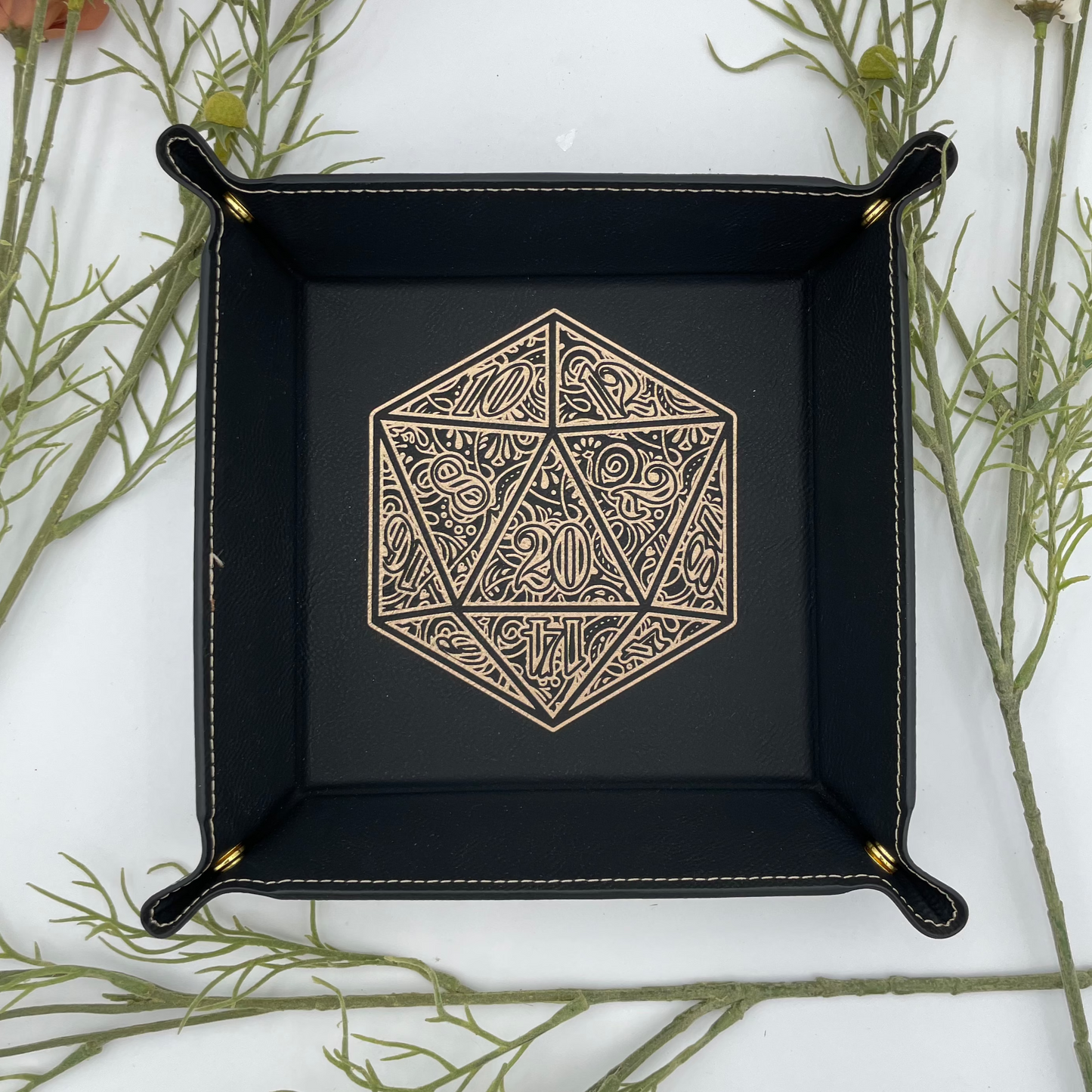 Gilded D20 Dice Tray - Vegan Leather DnD Dice Rolling Tray