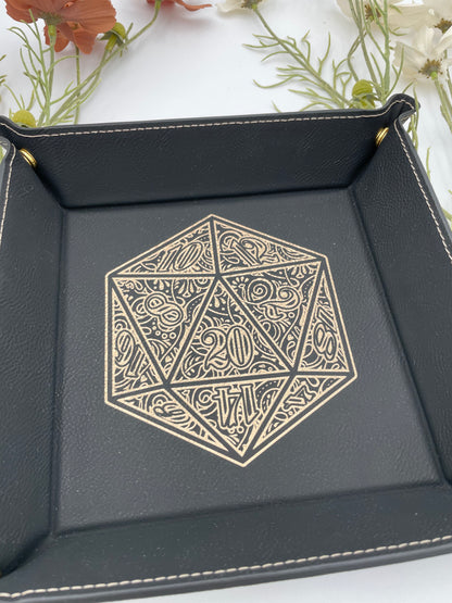 Gilded D20 Dice Tray - Vegan Leather DnD Dice Rolling Tray