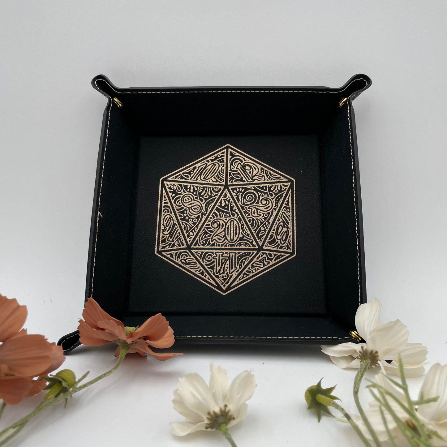 Gilded D20 Dice Tray - Vegan Leather DnD Dice Rolling Tray