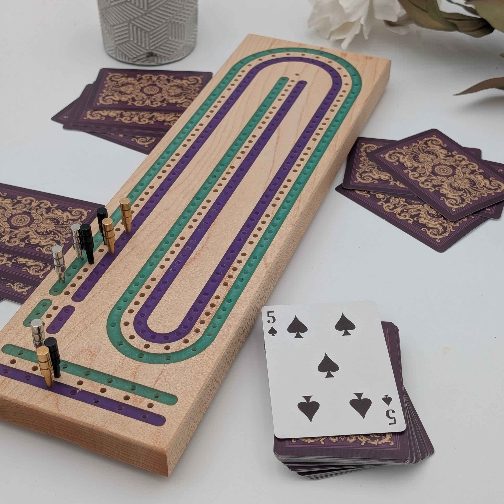 Handmade Luxury Cribbage Board with Purple and Green Resin Inlay with Playing Cards