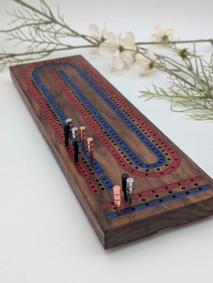 Premium Cribbage Board - Multi Lane Scarlet Red and Navy Blue Inlay