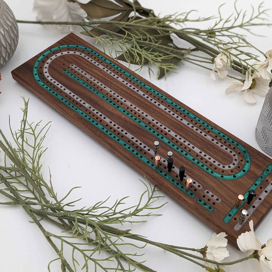 Luxury Wooden Cribbage Board with Green and Silver Inlay
