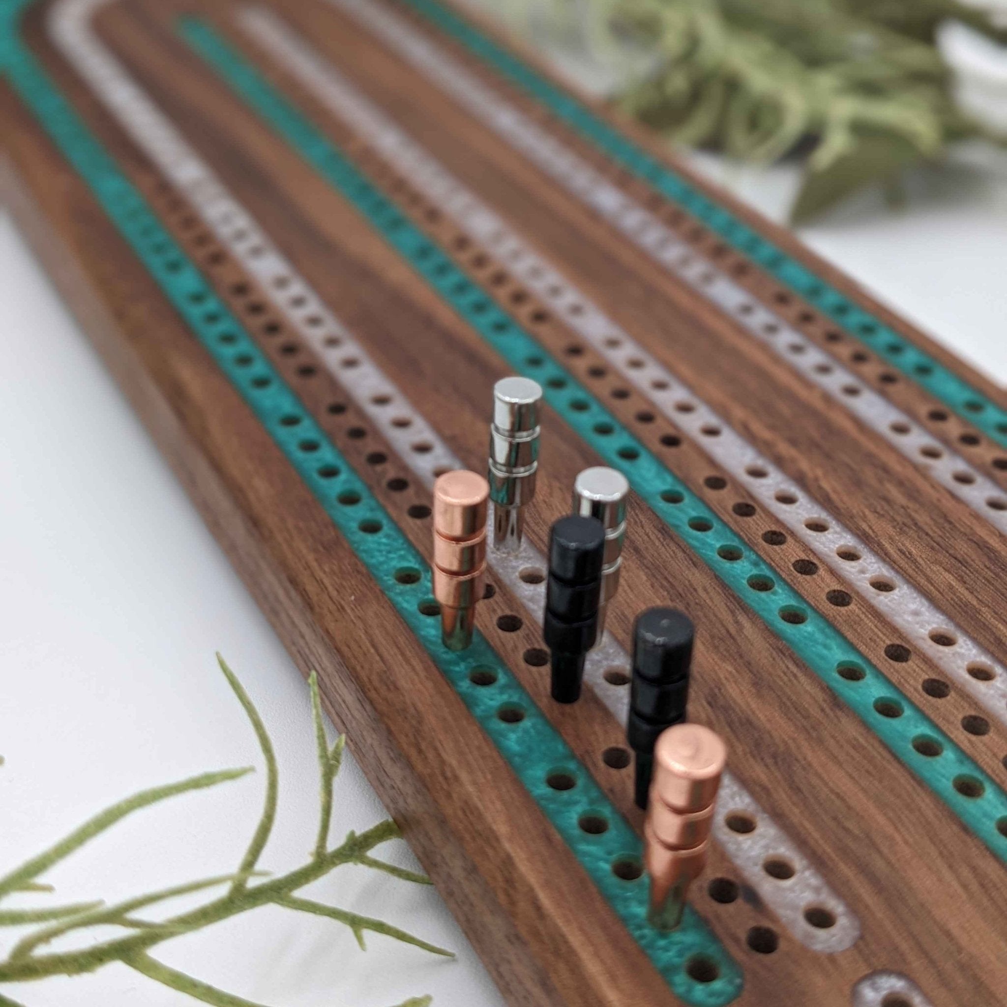 Walnut Cribbage Board with Green and Silver Resin Inlay