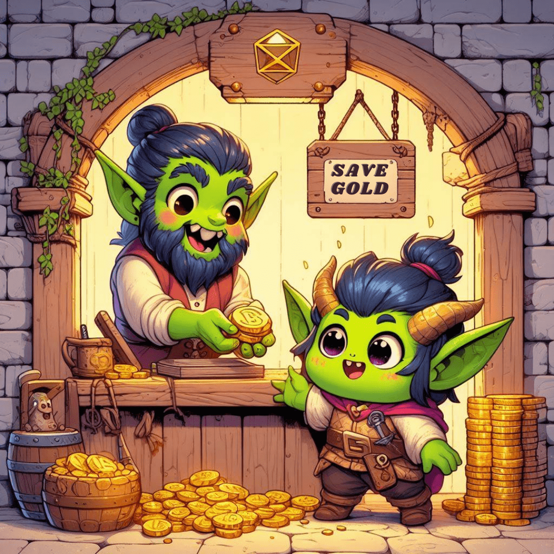 Two goblins with gold coins in a stone room with 'Save Gold' sign.