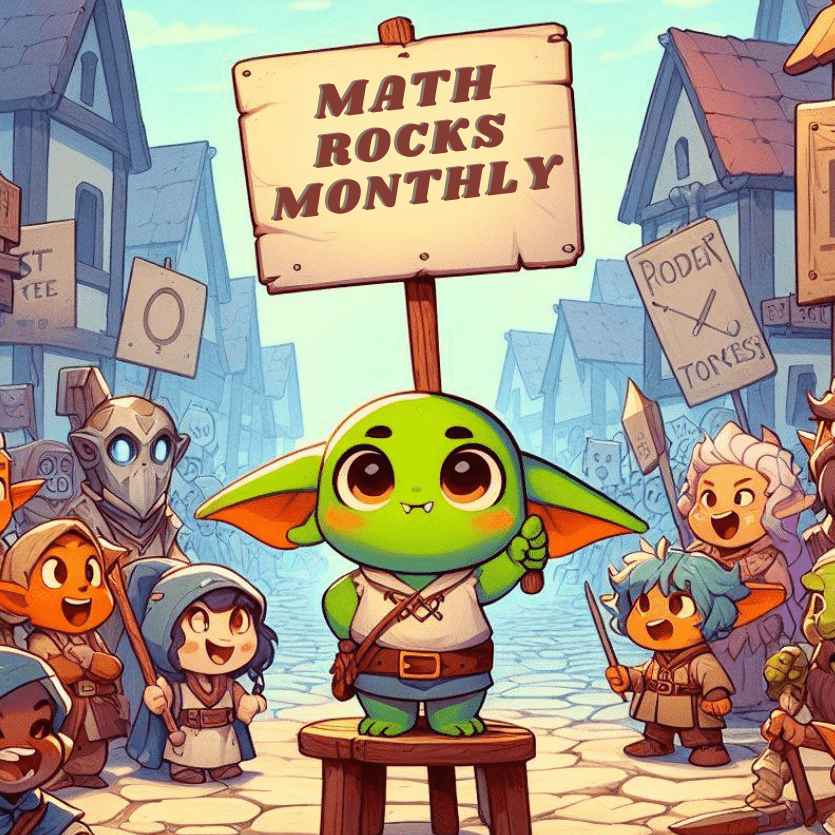 Cartoon character standing on a stool with a 'Math Rocks Monthly' sign in a village setting.