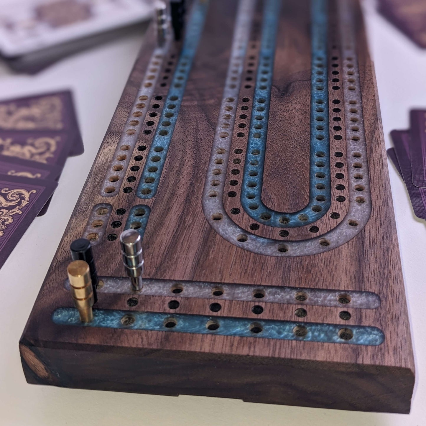 Premium Cribbage Board - Multi Lane Resin Track Inlays - Personalization Available in Cart/Checkout