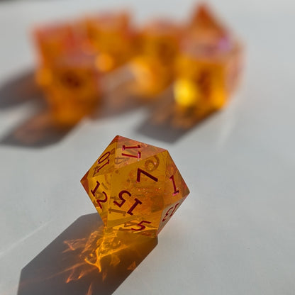 Tangerine Enchantment DnD Resin Dice Set, Sharp Edge Dice DnD Dice set, Dungeons and Dragons, d&d Dice, rpg dice, D20 DND Dice