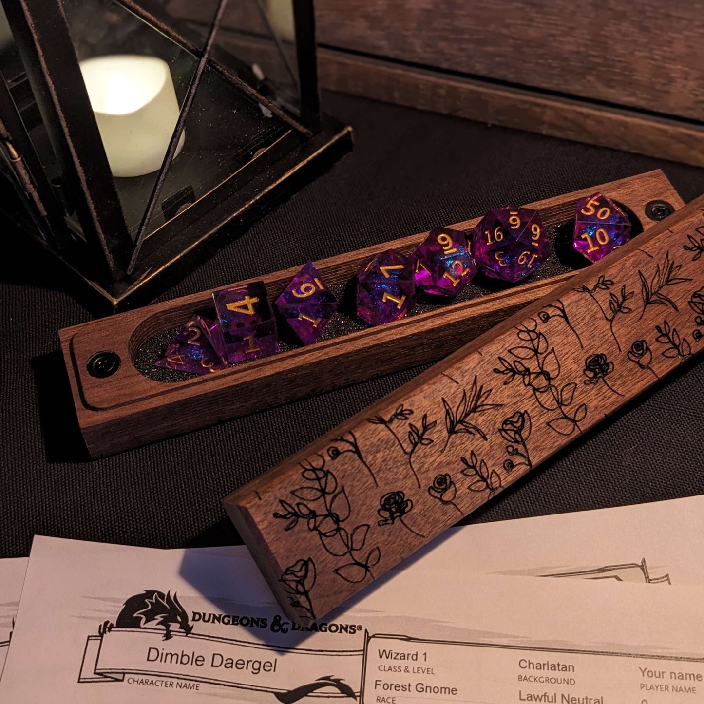 Floral Walnut Dice Box for DnD