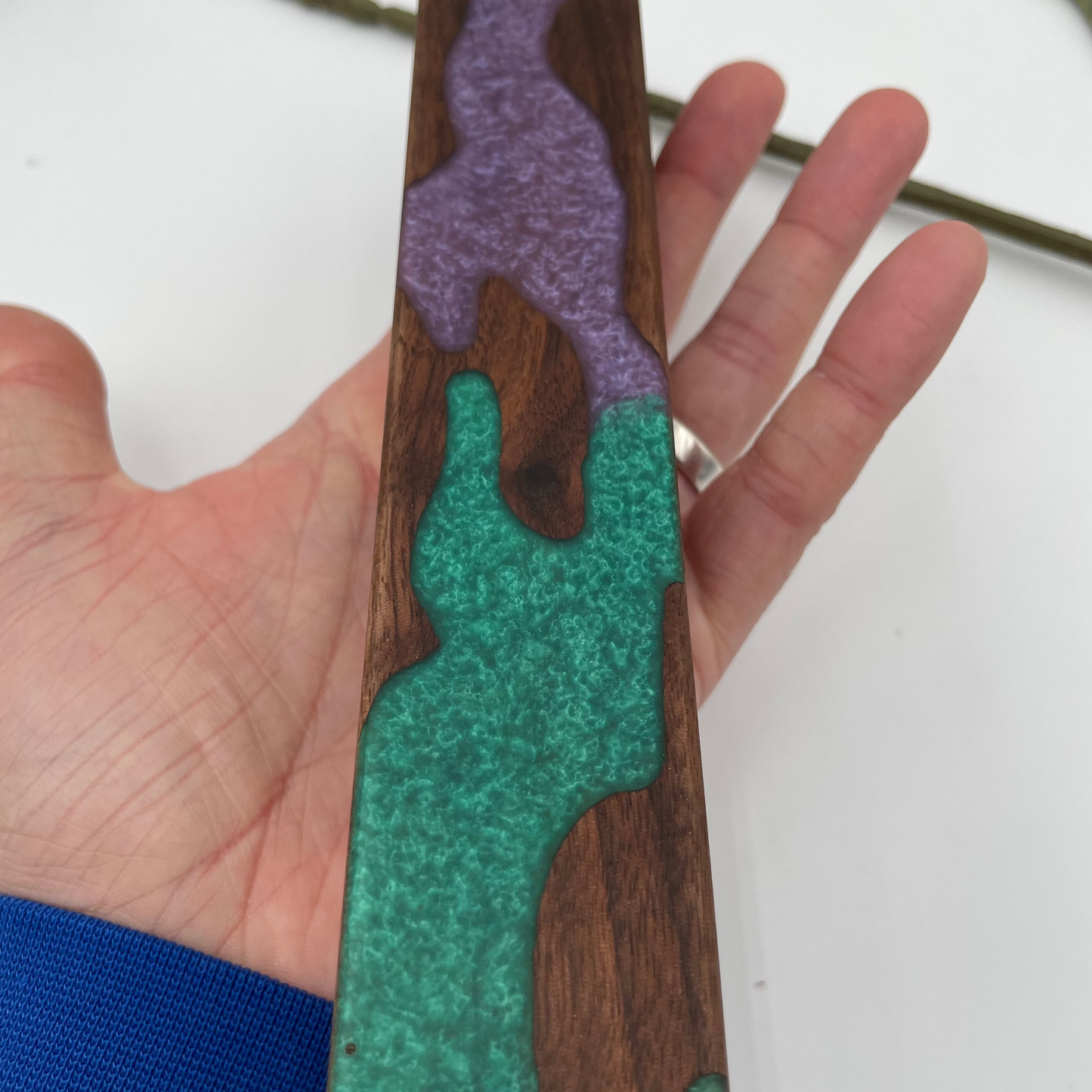 Wooden Dice Vault with Purple and Green Resin Inlay Close Up Help In Hand