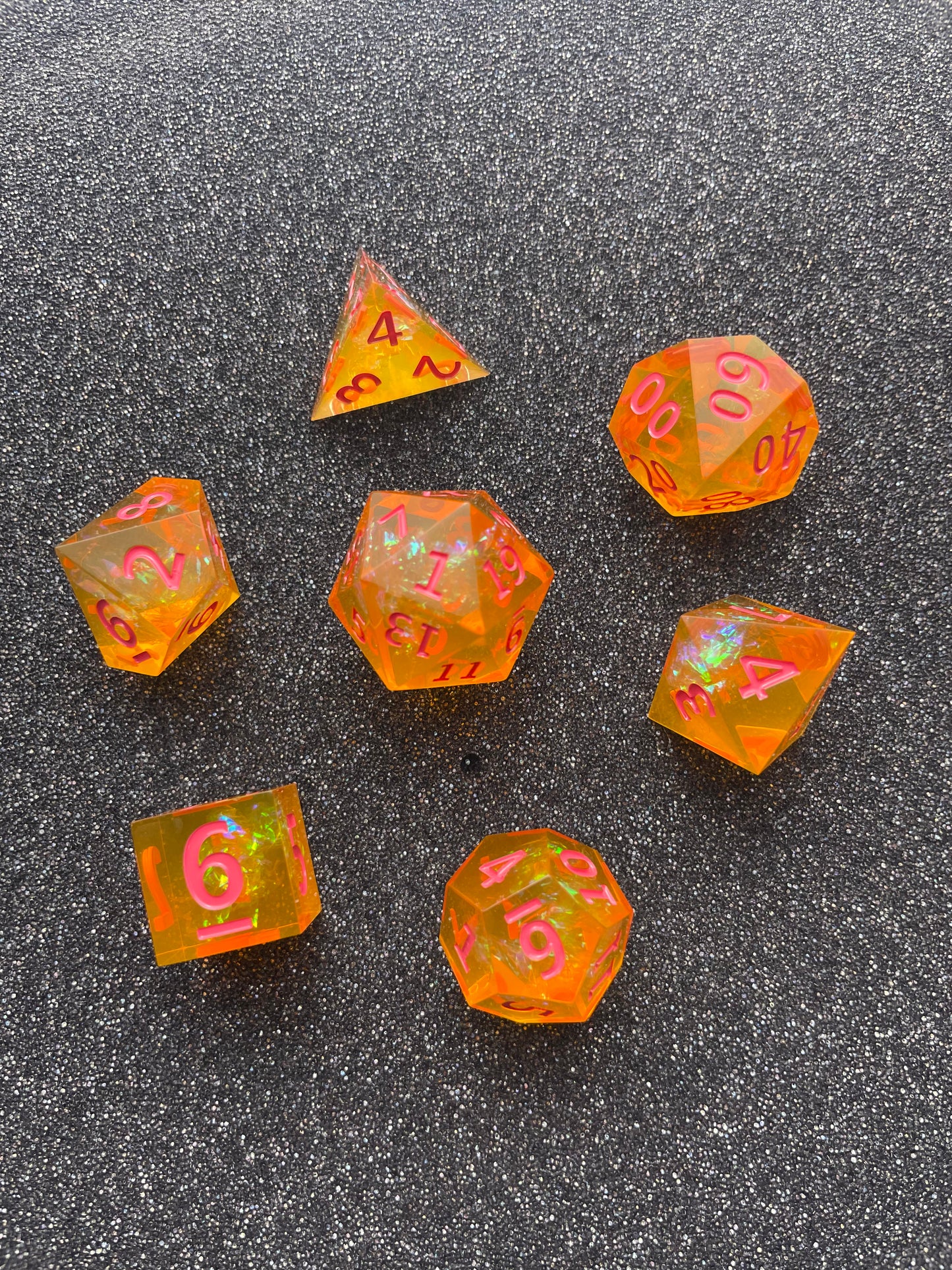 Tangerine Enchantment DnD Resin Dice Set, Sharp Edge Dice DnD Dice set, Dungeons and Dragons, d&d Dice, rpg dice, D20 DND Dice