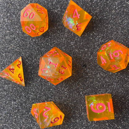 Tangerine Enchantment DnD Resin Dice Set, Sharp Edge Dice DnD Dice set, Dungeons and Dragons, d&d Dice, rpg dice, D20 DND Dice