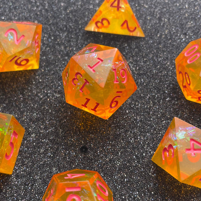 Tangerine Enchantment DnD Resin Dice Set, Sharp Edge Dice DnD Dice set, Dungeons and Dragons, d&d Dice, rpg dice, D20 DND Dice