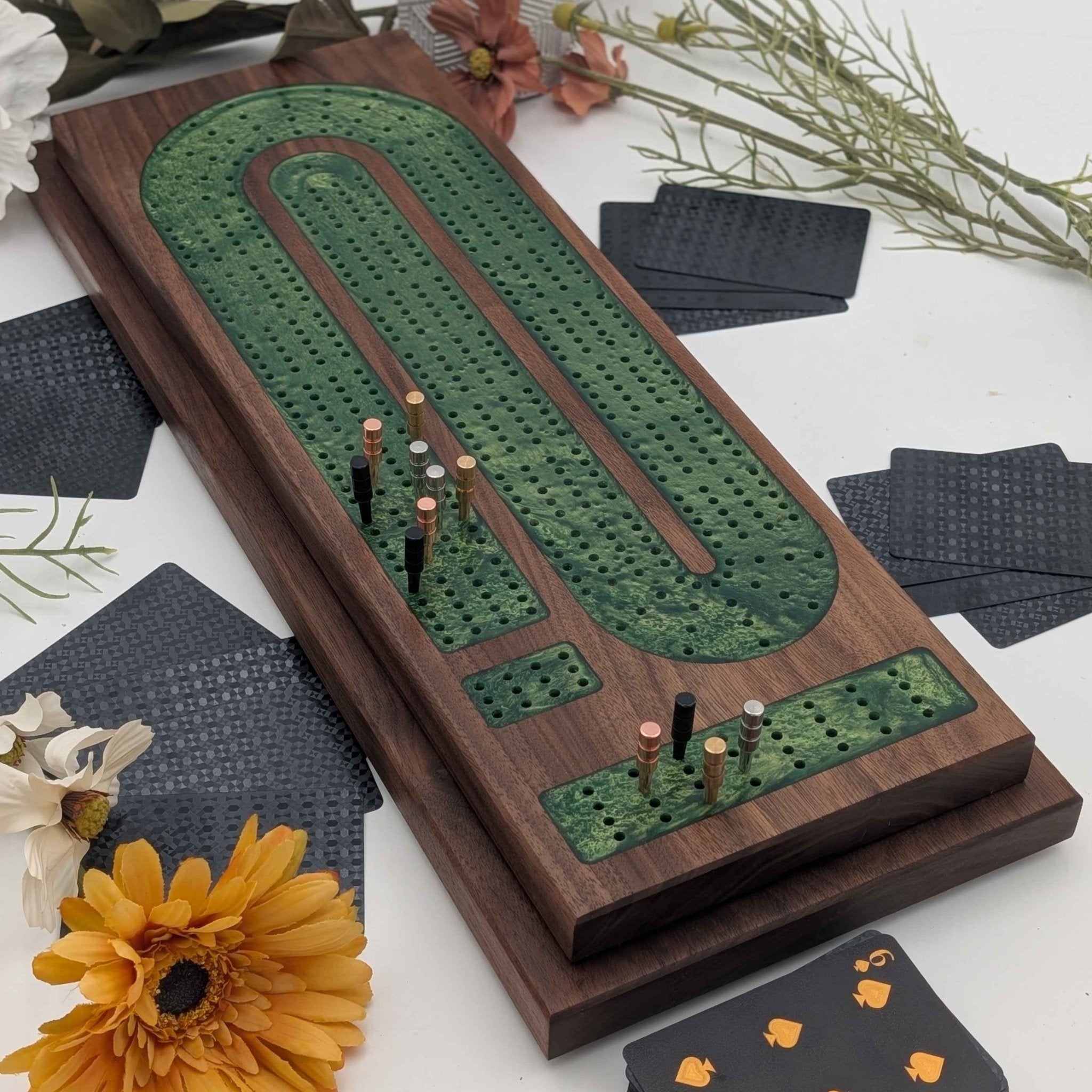 Sage Green Resin Inlay Cribbage Board
