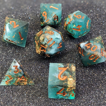 Green Sharp Edge Resin Dice Set on black background