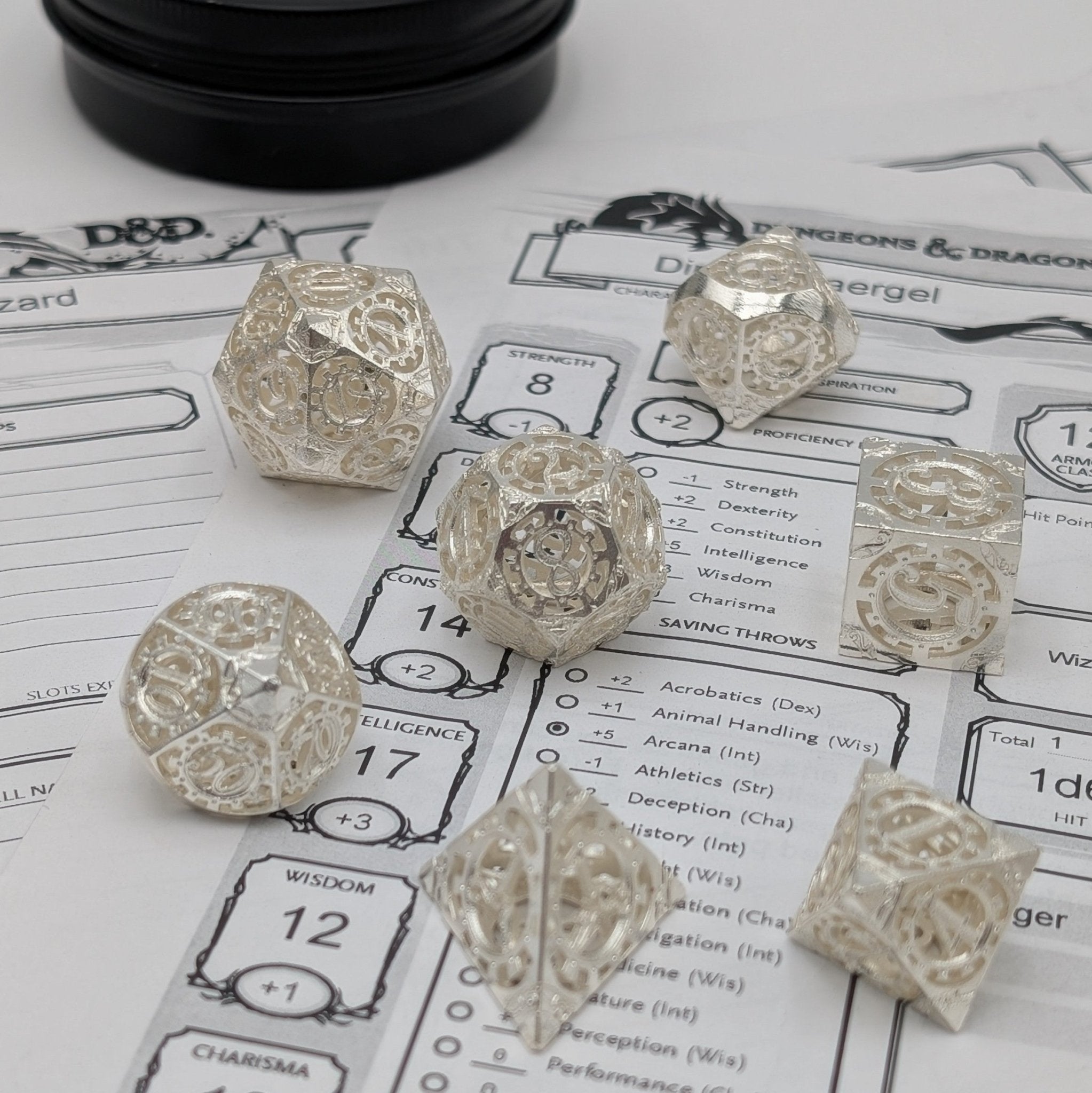Sterling Silver Metal Dice 7 Piece Metal Polyhedral Dice Set