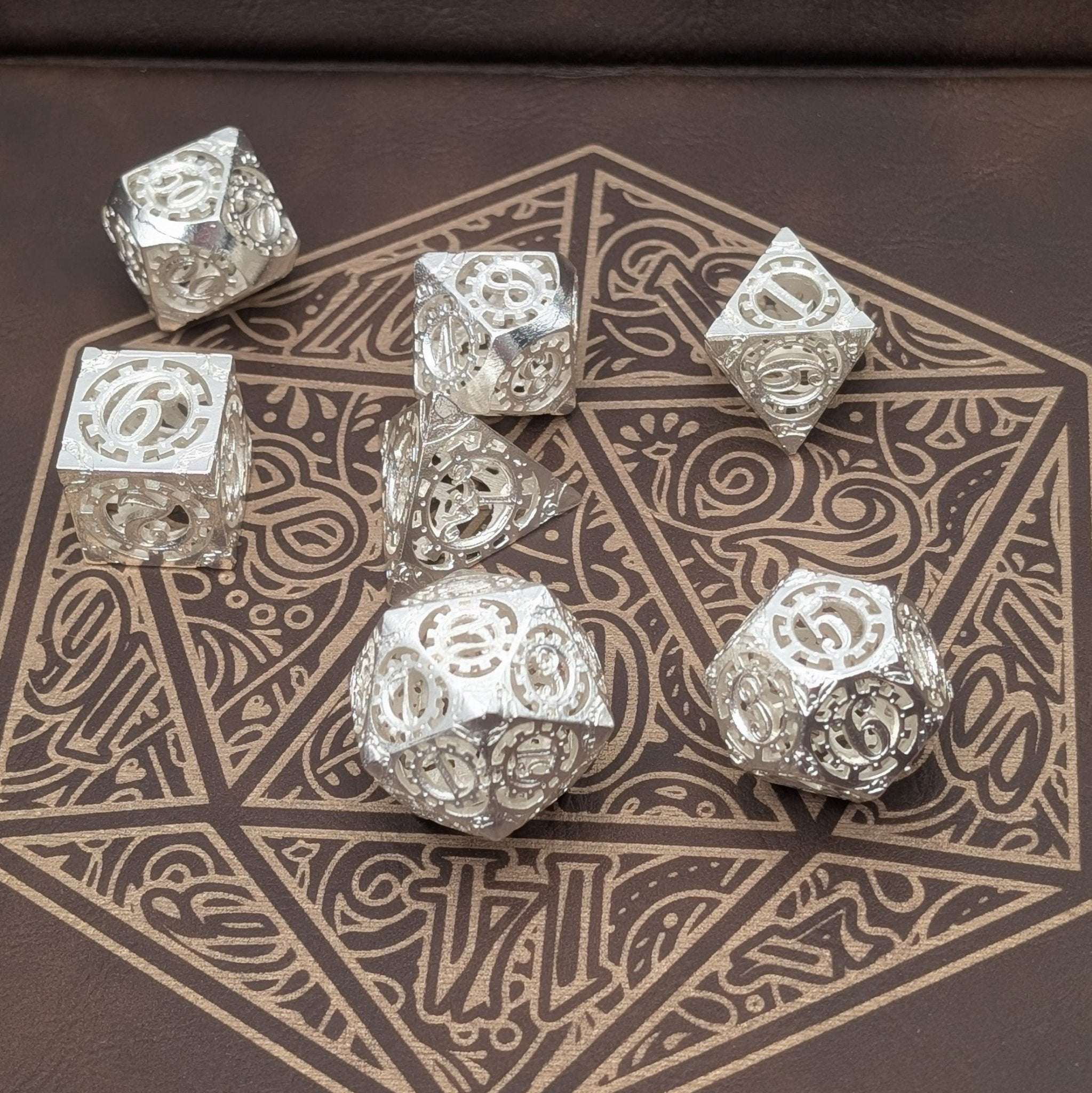 Sterling Silver Metal Dice 7 Piece Metal Polyhedral Dice Set