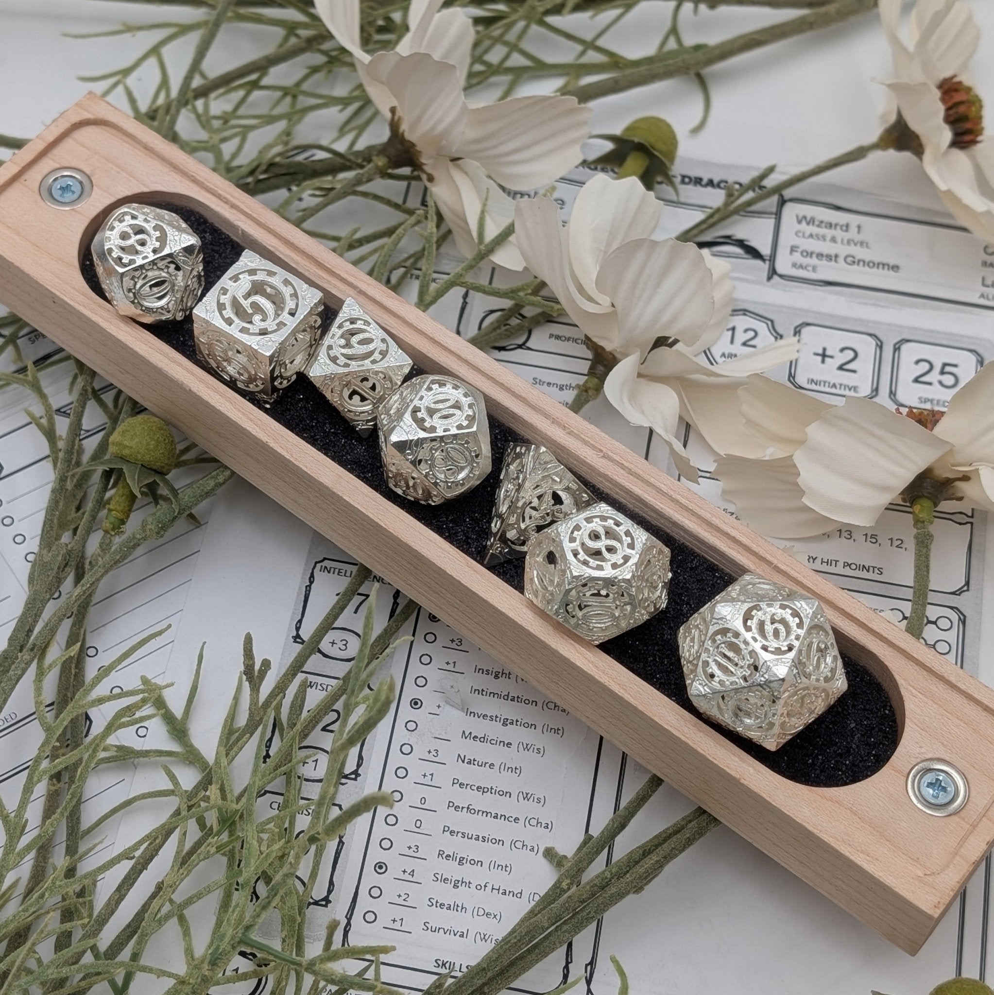 Sterling Silver Metal Dice 7 Piece Metal Polyhedral Dice Set