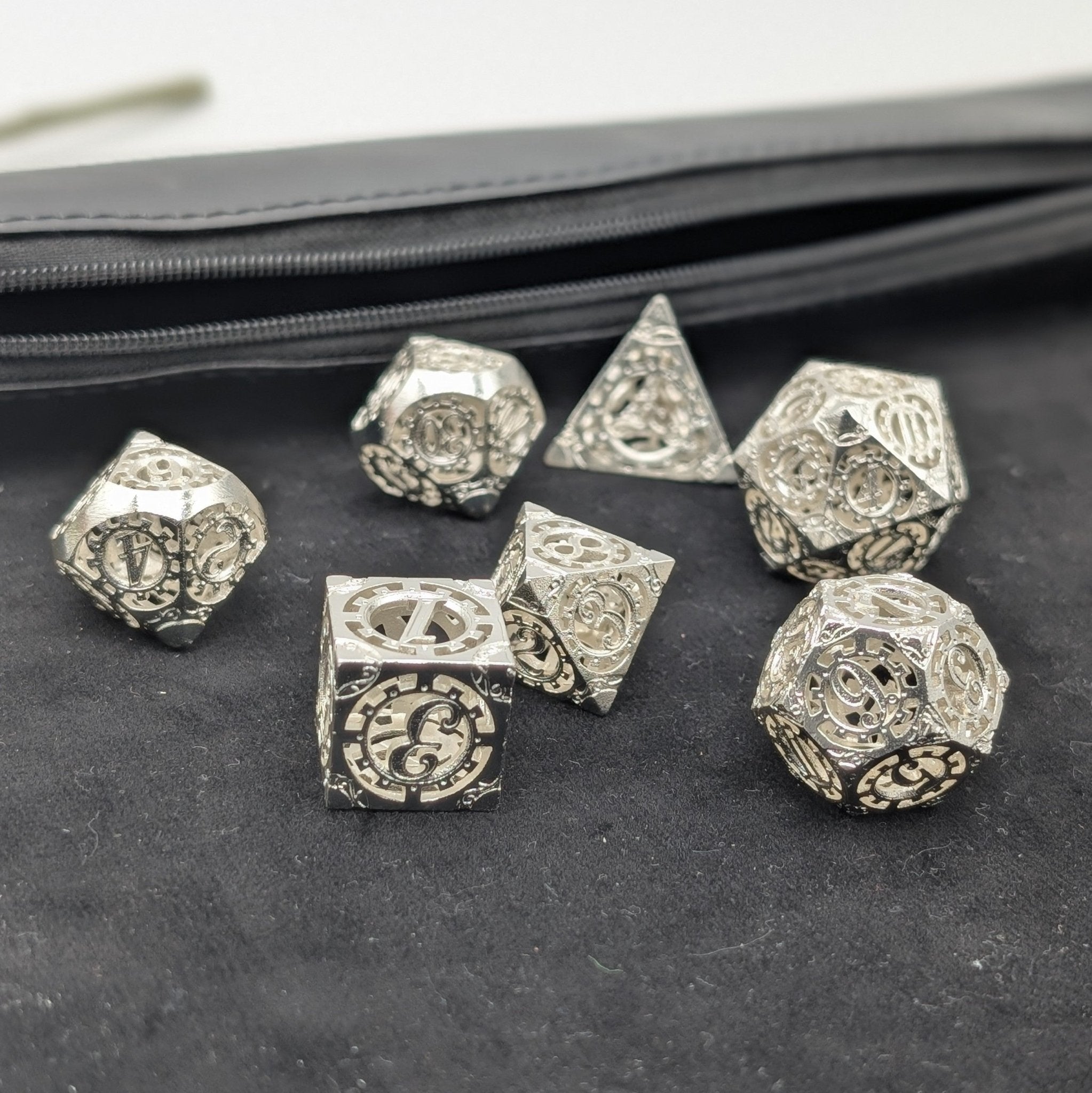 Sterling Silver Metal Dice 7 Piece Metal Polyhedral Dice Set