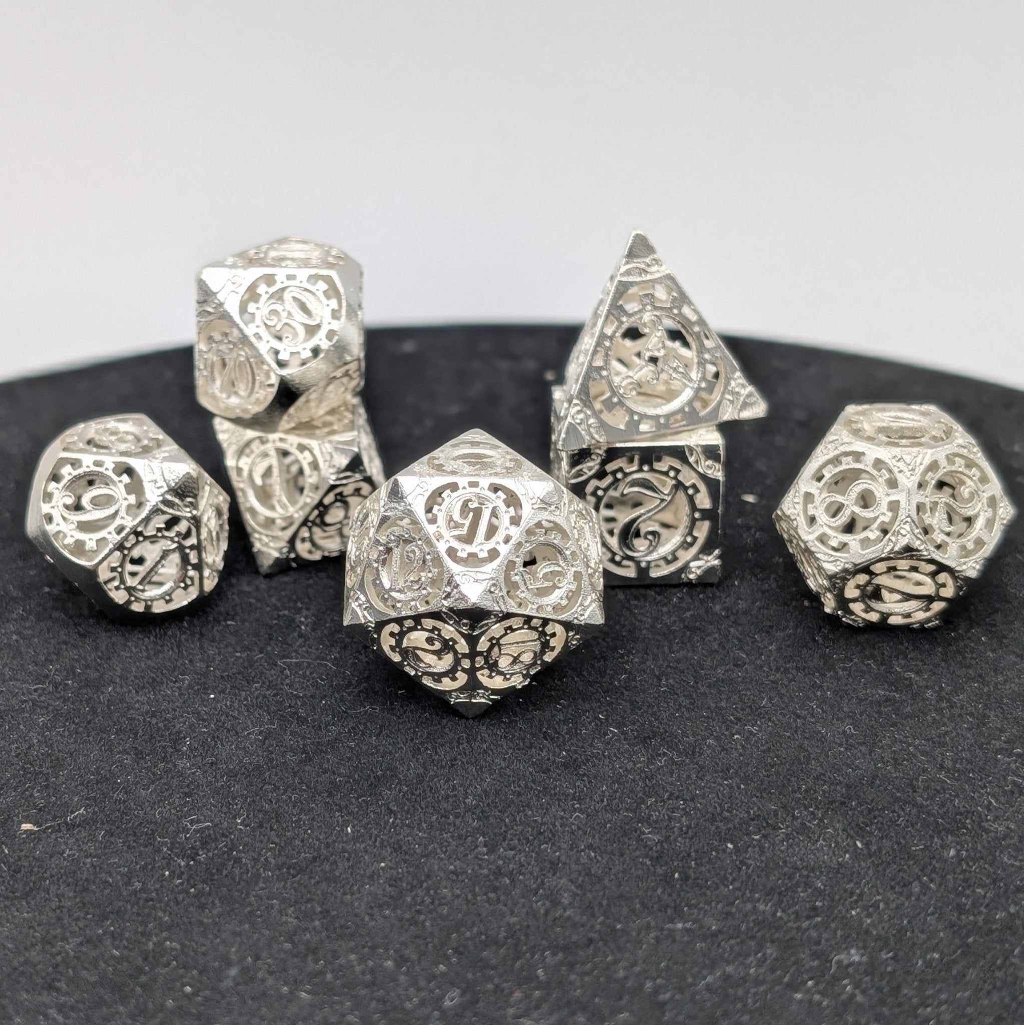 Sterling Silver Metal Dice 7 Piece Metal Polyhedral Dice Set