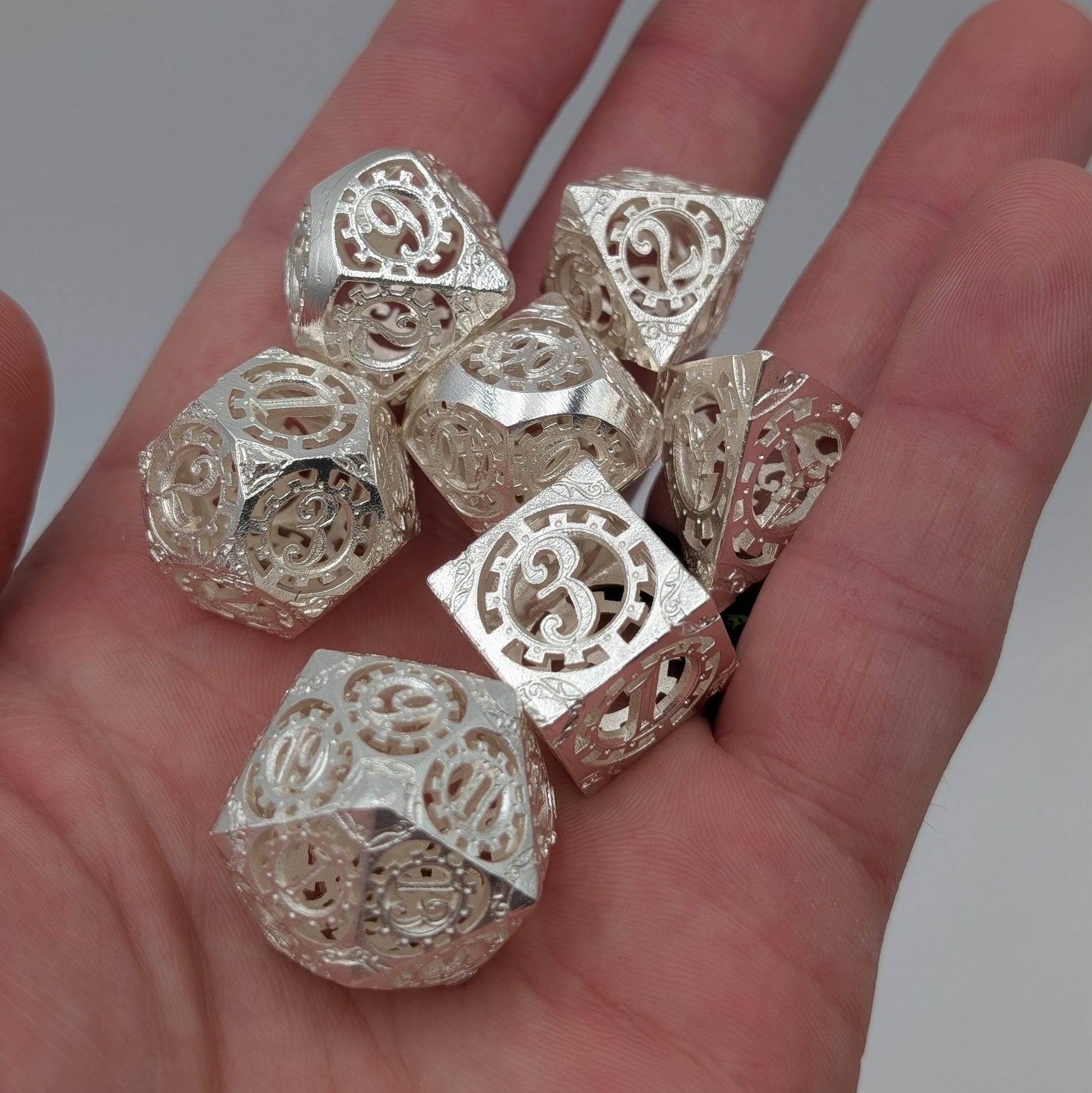 Sterling Silver Metal Dice 7 Piece Metal Polyhedral Dice Set