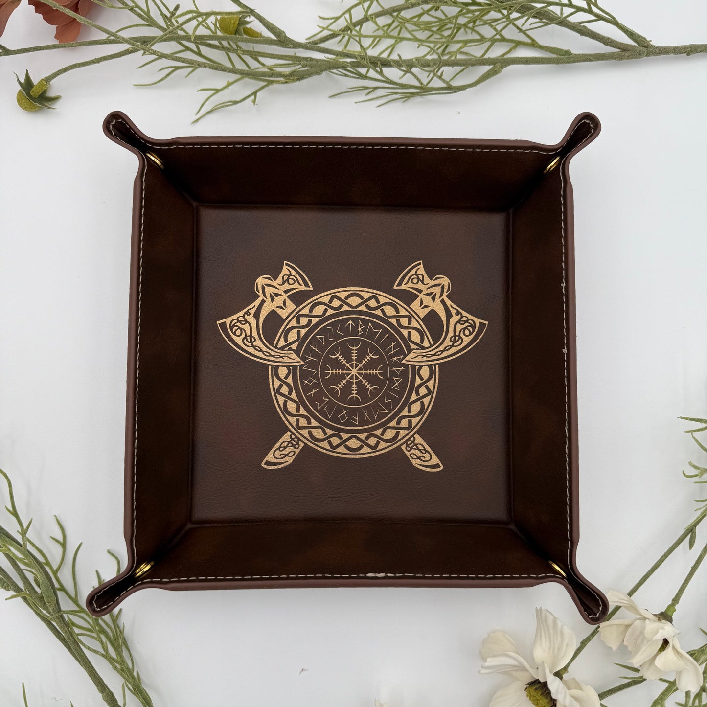 Brown Dice Tray with gold viking engraving