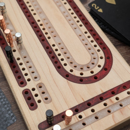 Wisconsin Badgers Inspired Premium Cribbage Board - Multi Lane Blood Red and Titanium Inlay