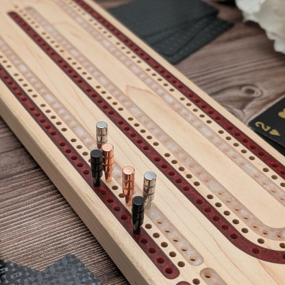 Wisconsin Badgers Inspired Premium Cribbage Board - Multi Lane Blood Red and Titanium Inlay