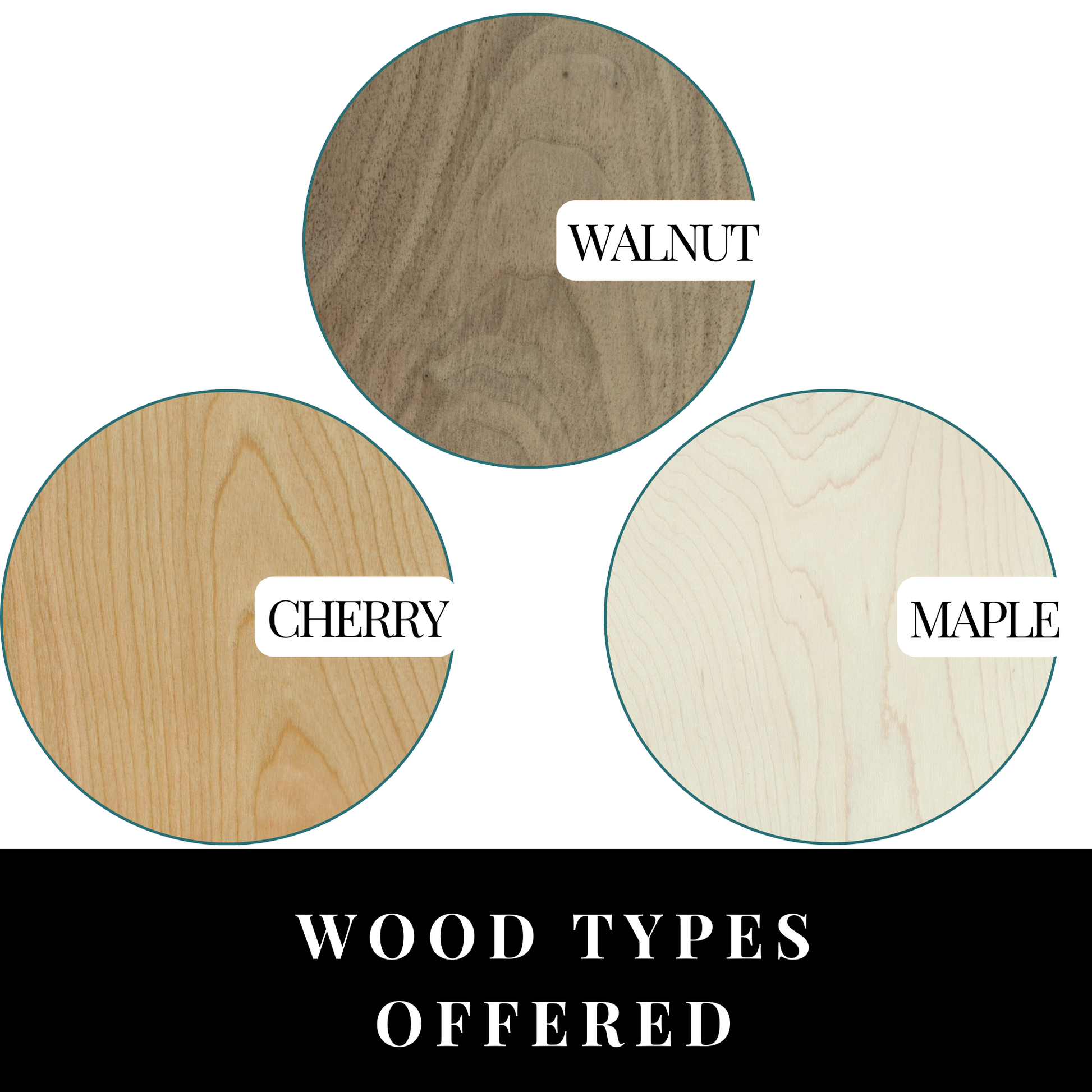 Ebonwood wood types option picture for our handmade cribbage boards showing options for walnut, cherry, and maple woods.