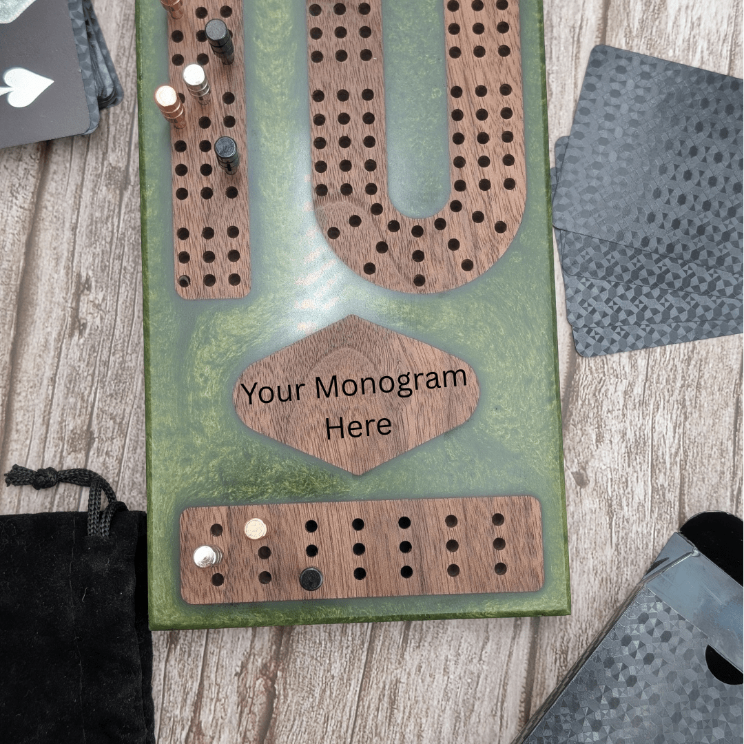 Reverse Pour Monogram Sage Green Resin Premium Cribbage Board - Three Lane Cribbage Board