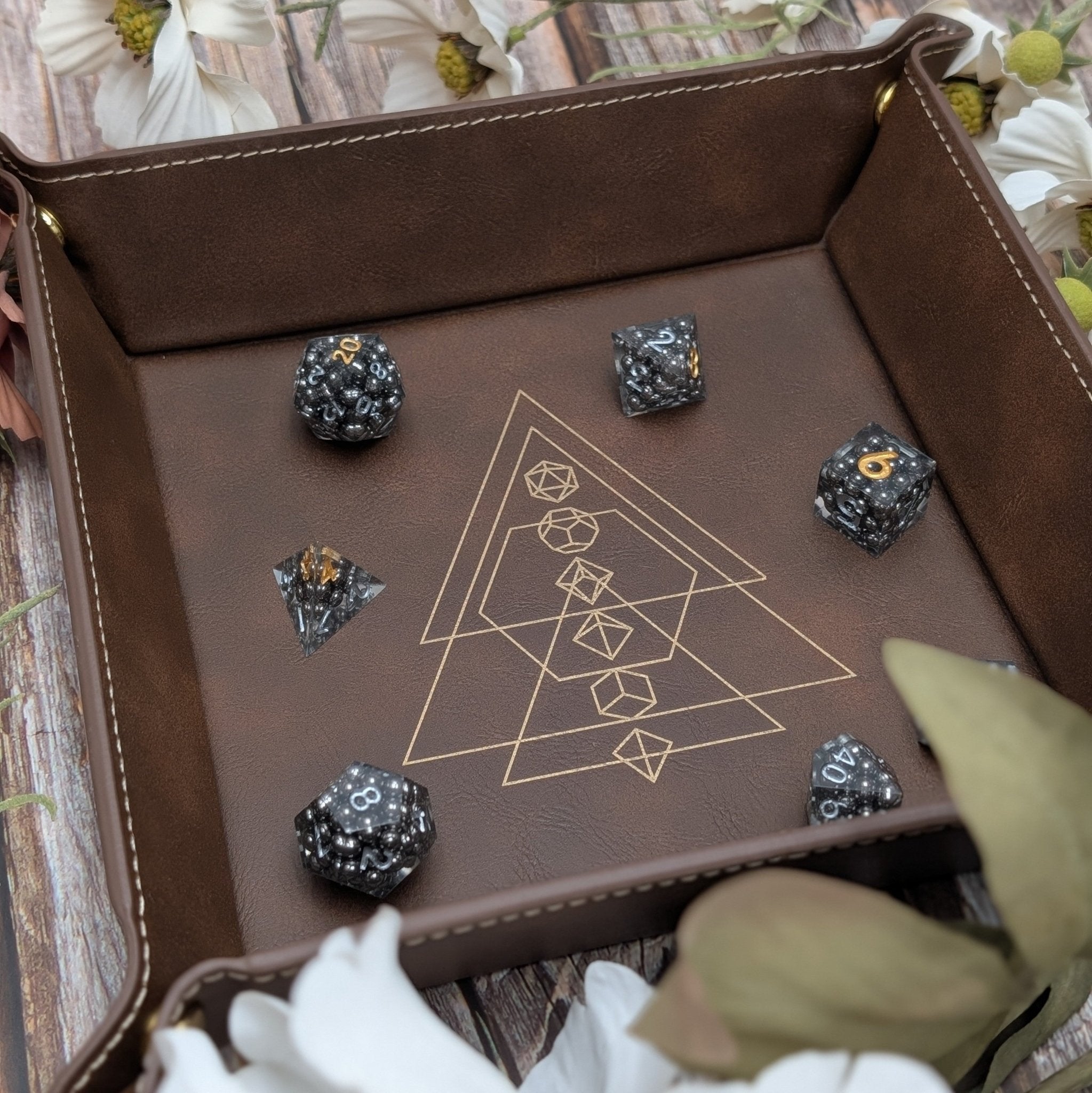 Arcane Geometry Dice Tray - Vegan Leather DnD Dice Rolling Tray - EBONWOOD