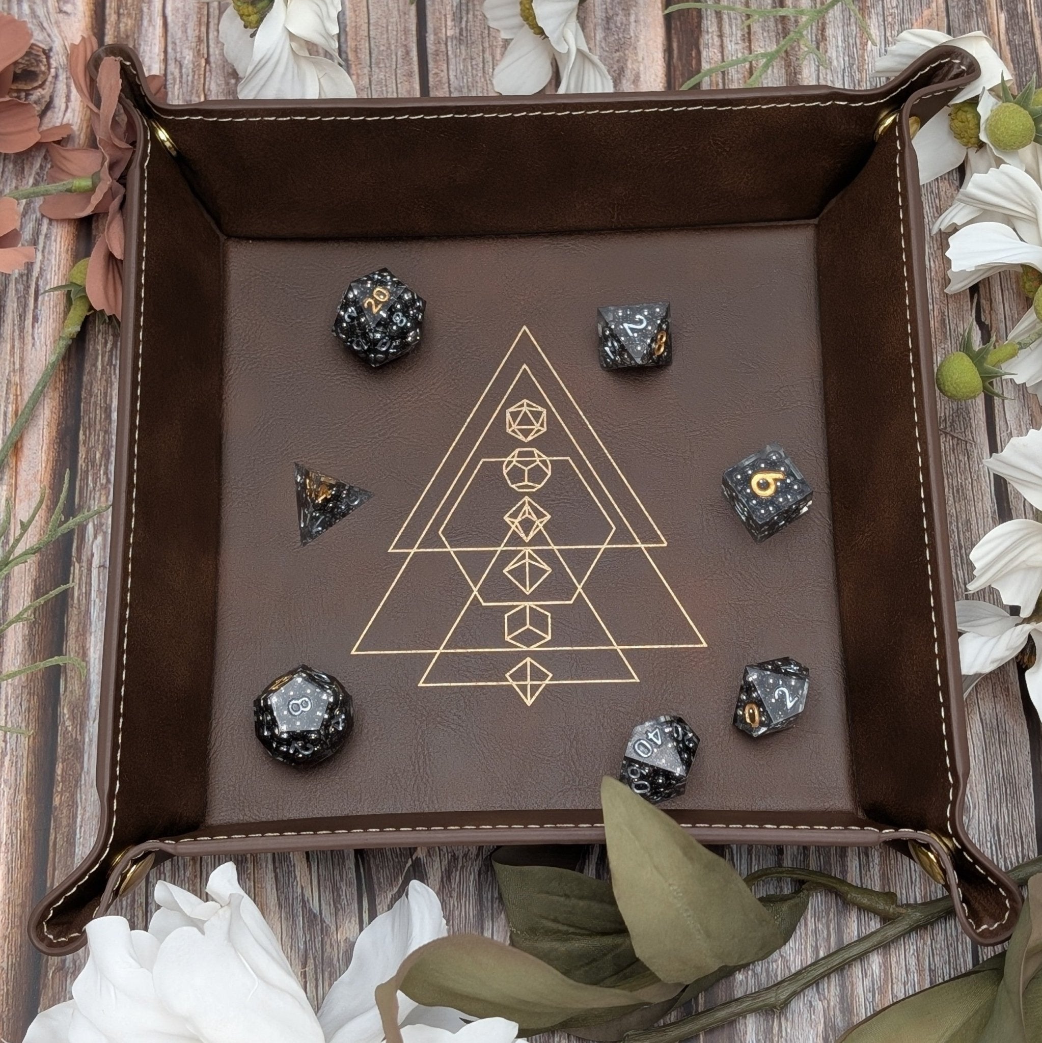 Arcane Geometry Dice Tray - Vegan Leather DnD Dice Rolling Tray - EBONWOOD
