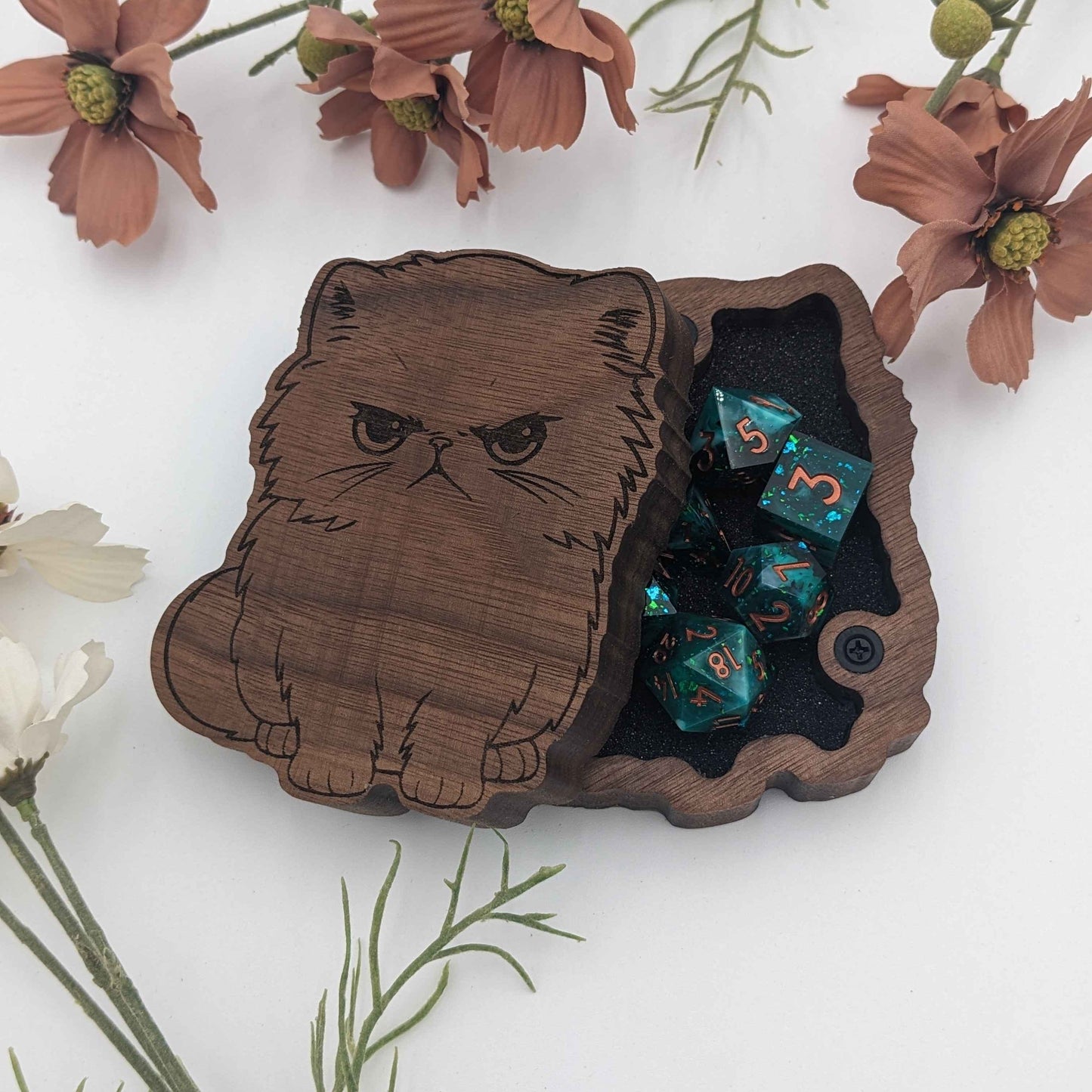 cat shaped dnd dice box opened with full set of polyhedral dice inside